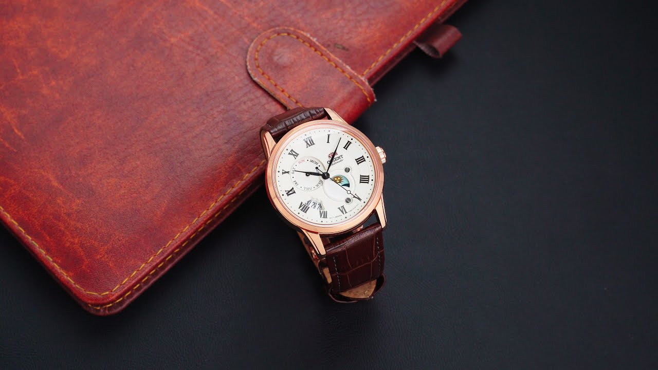 Orient Sun & Moon 42mm Ex-Display Champagne Dial Leather Mens Automatic Watch RA-AK0007S10B-EX