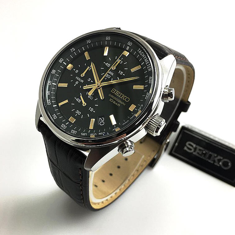 Seiko Essentials SSB385P1 chronograph watch with brown leather strap and official tag
