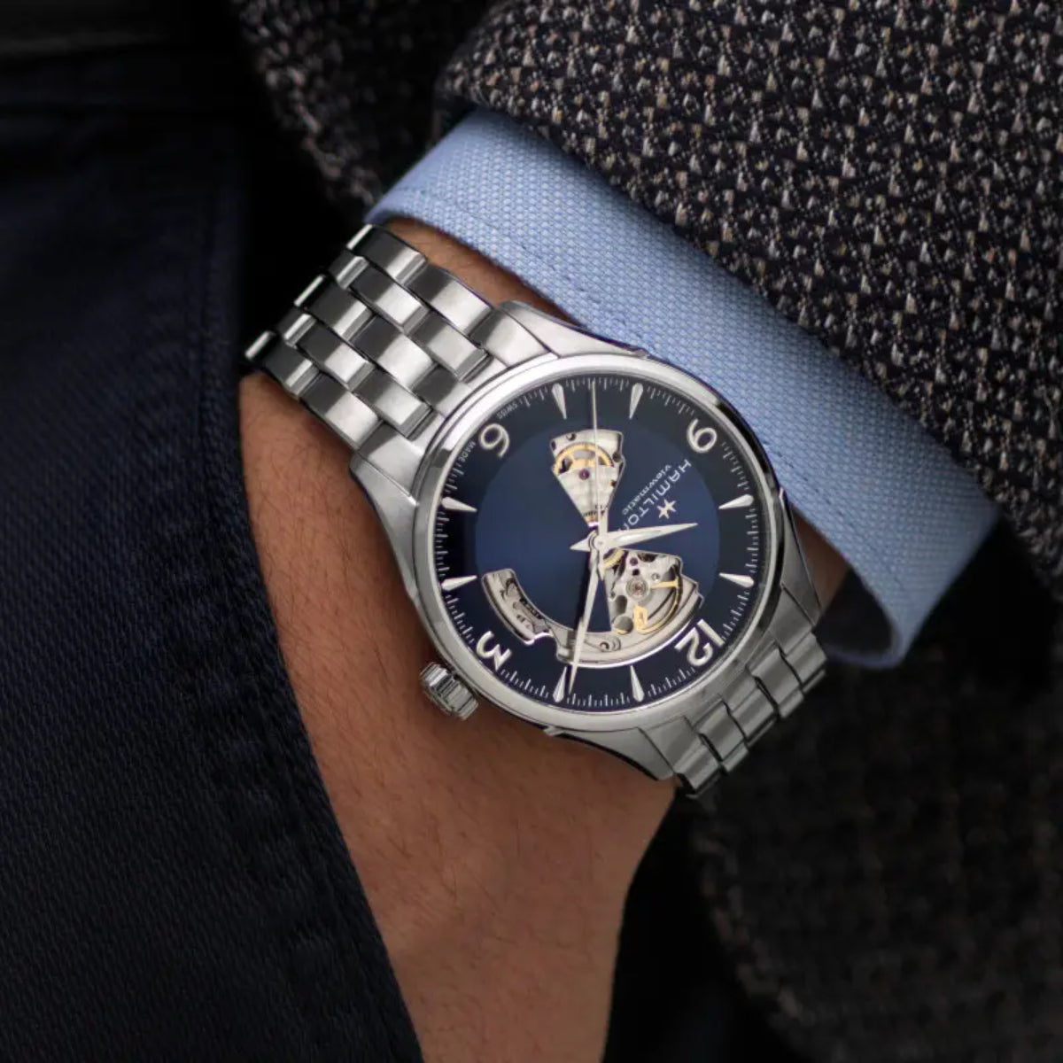 Hamilton Jazzmaster Open Heart Blue Dial Steel 40mm watch worn on wrist H32675140
