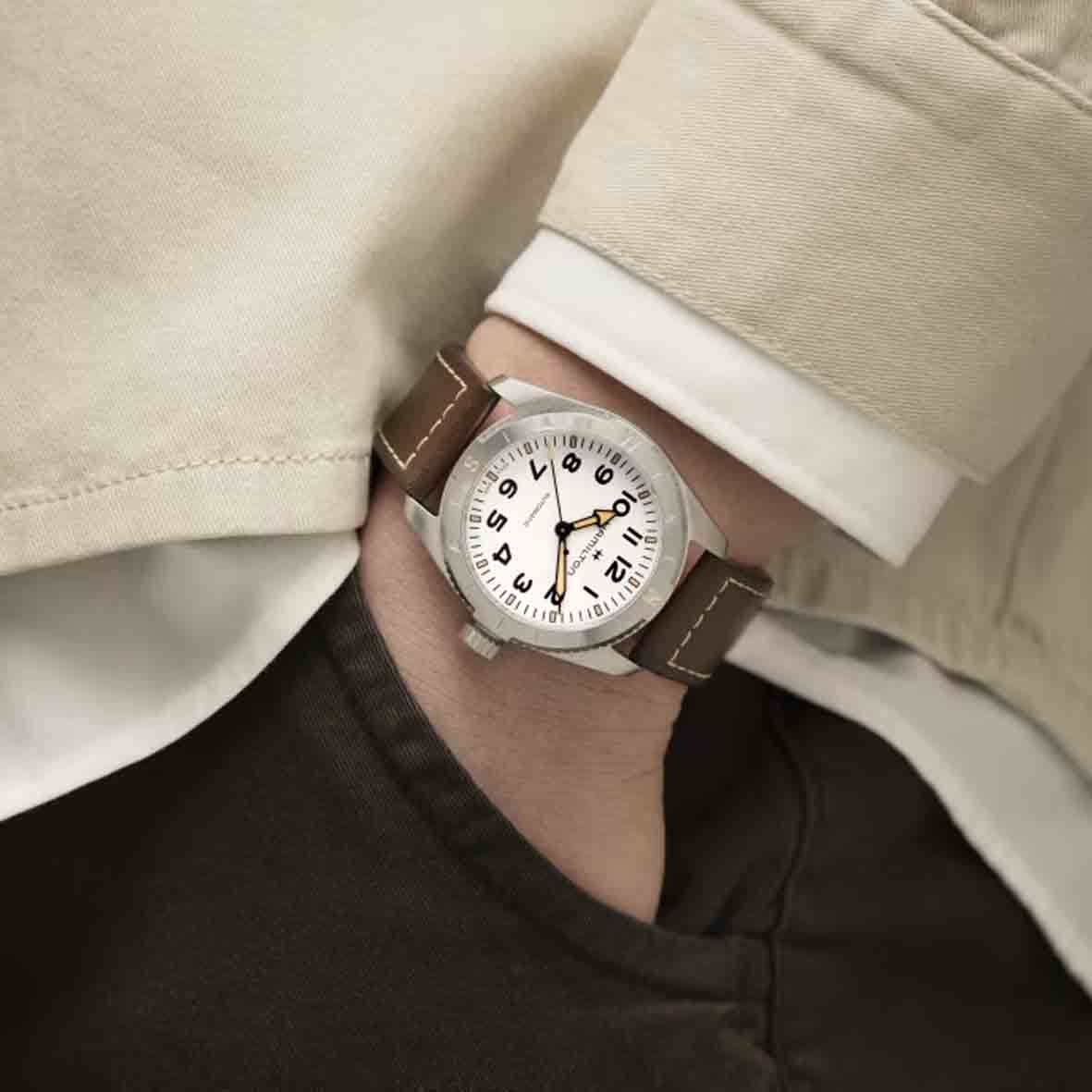 Hamilton Khaki Field Expedition white dial leather watch worn on wrist H70225510