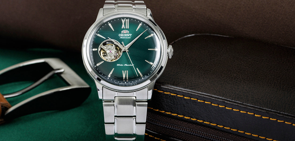 Orient Bambino 41 mm Offenes Herz Grünes Zifferblatt Stahl Herren Automatik Uhr RA-AG0026E10B