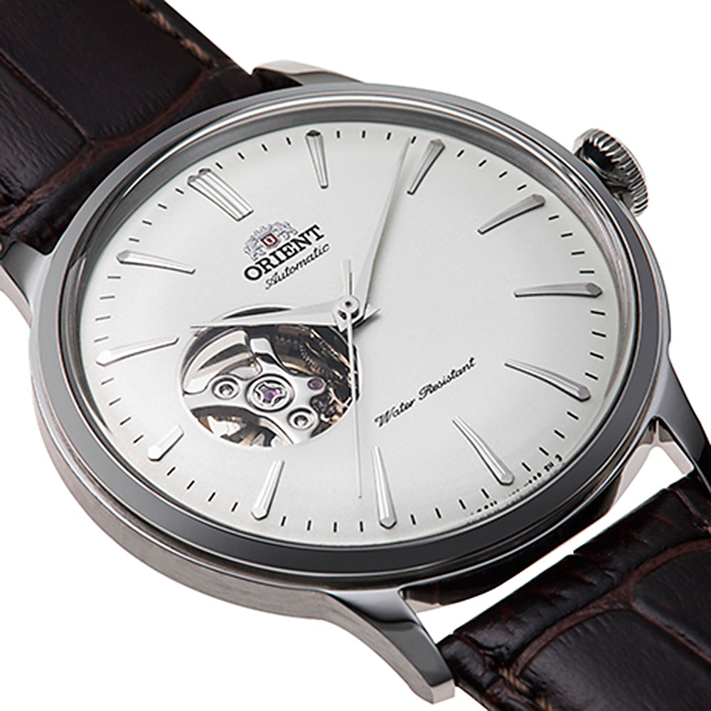 Orient Bambino 40.5mm Offenes Herz Weißes Zifferblatt Leder Automatik Uhr Herren RA-AG0002S30B