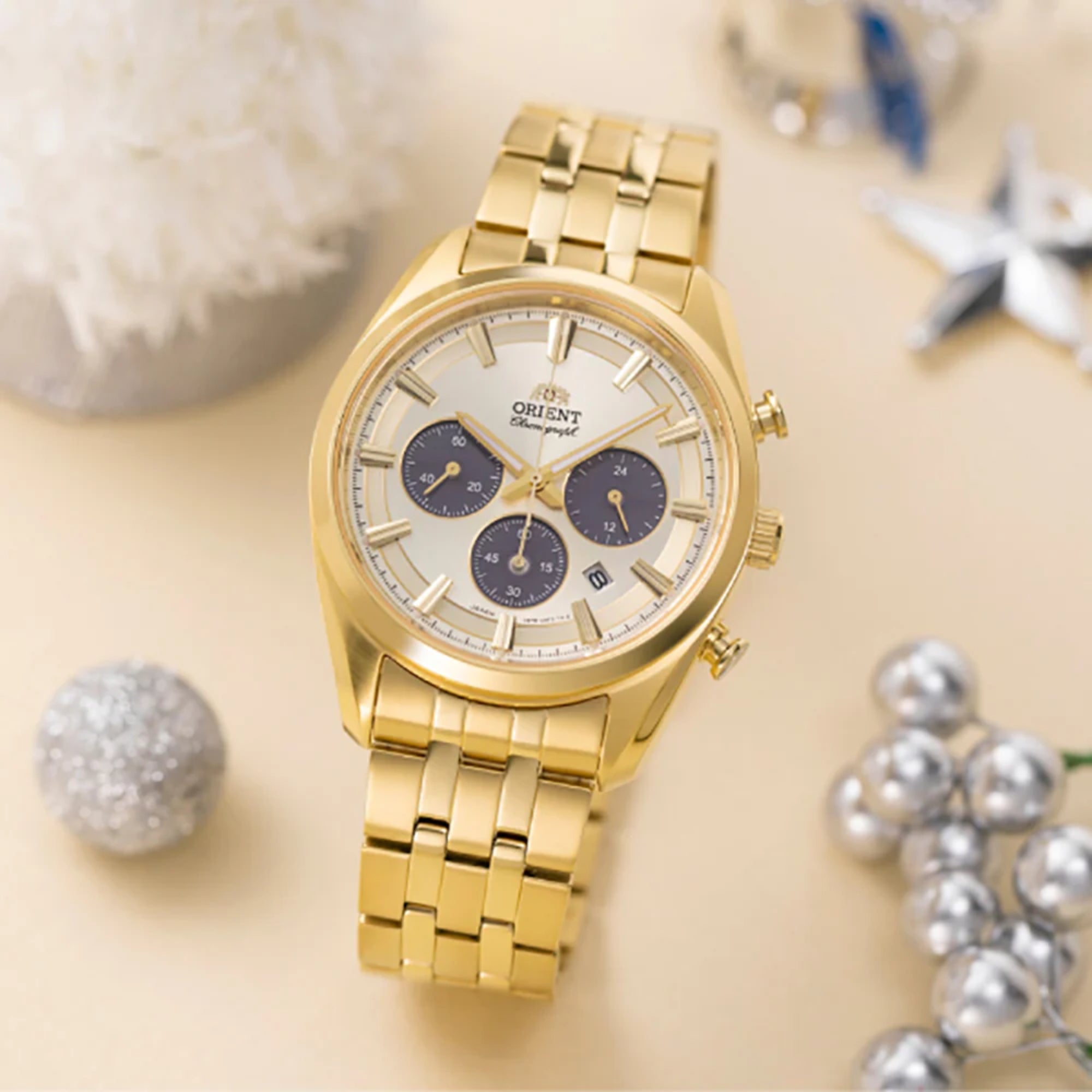 Orient Stretto 40mm Chronograph Champagne Dial Steel Mens Solar Watch RA-TX0301G10B