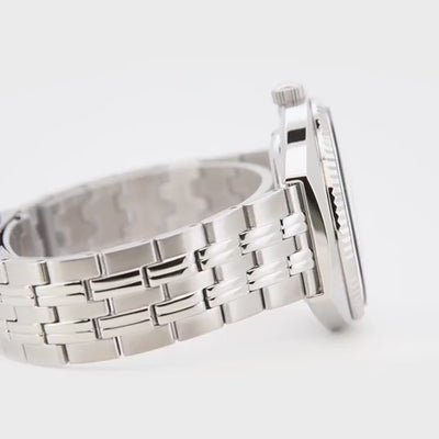 Orient World Map RA-AA0E03L39B close-up side perspective of multi-link stainless steel bracelet
