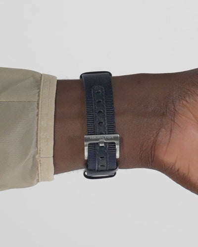 Hamilton Khaki Field H69301940 33mm dial, blue NATO textile strap and pin buckle detail
