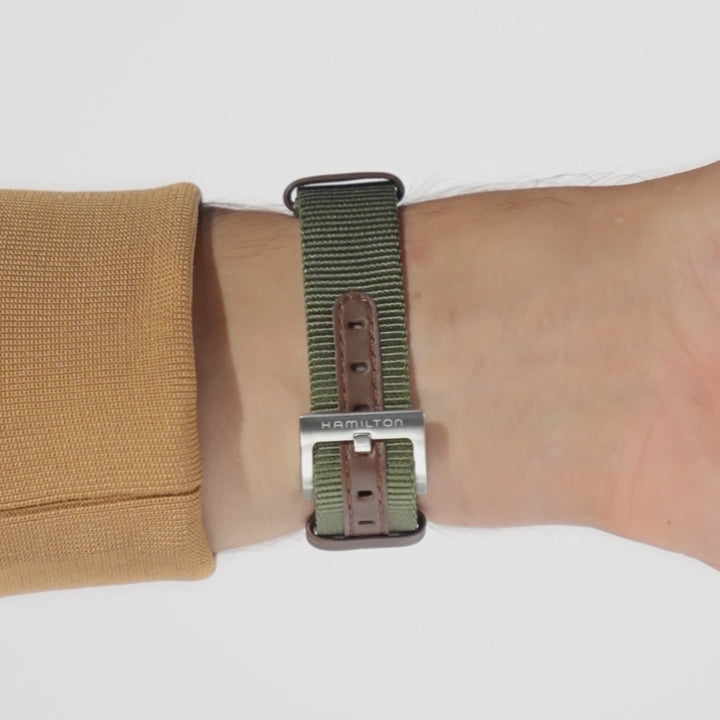 Hamilton Khaki Field H69301930 green NATO textile strap and pin buckle detail