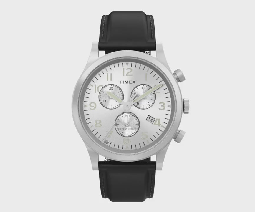 Timex Waterbury Traditional Chronograph Silver-Tone Dial Leather Strap Men's Watch TW2W48100