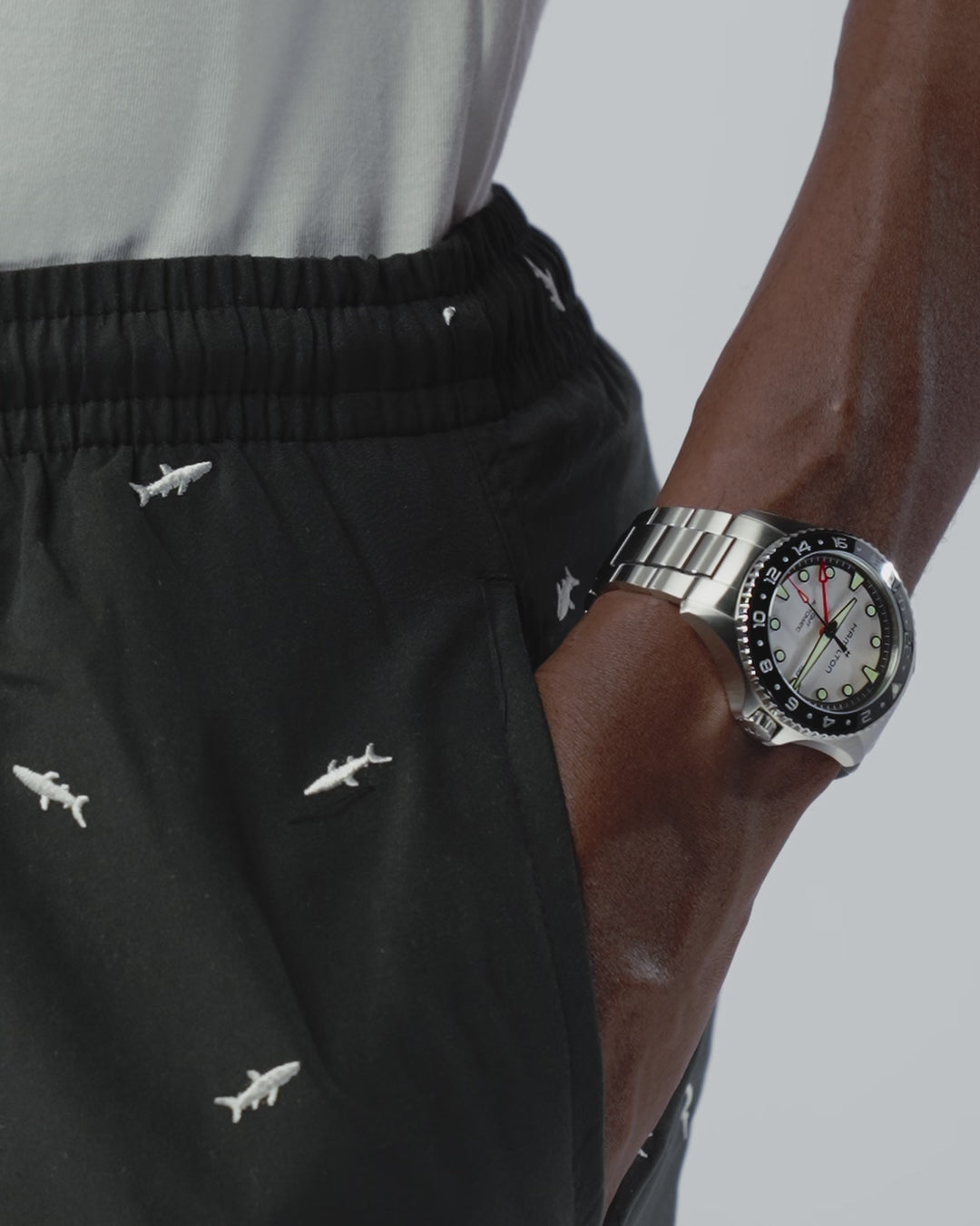 Hamilton Khaki Navy Scuba GMT H82555150 43mm silver dial and steel bracelet watch on wrist