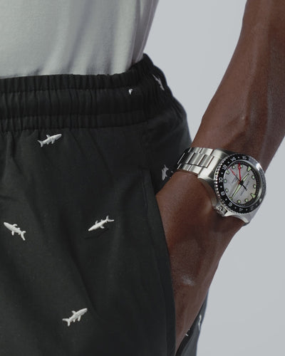 Hamilton Khaki Navy Scuba GMT H82555150 43mm silver dial and steel bracelet watch on wrist