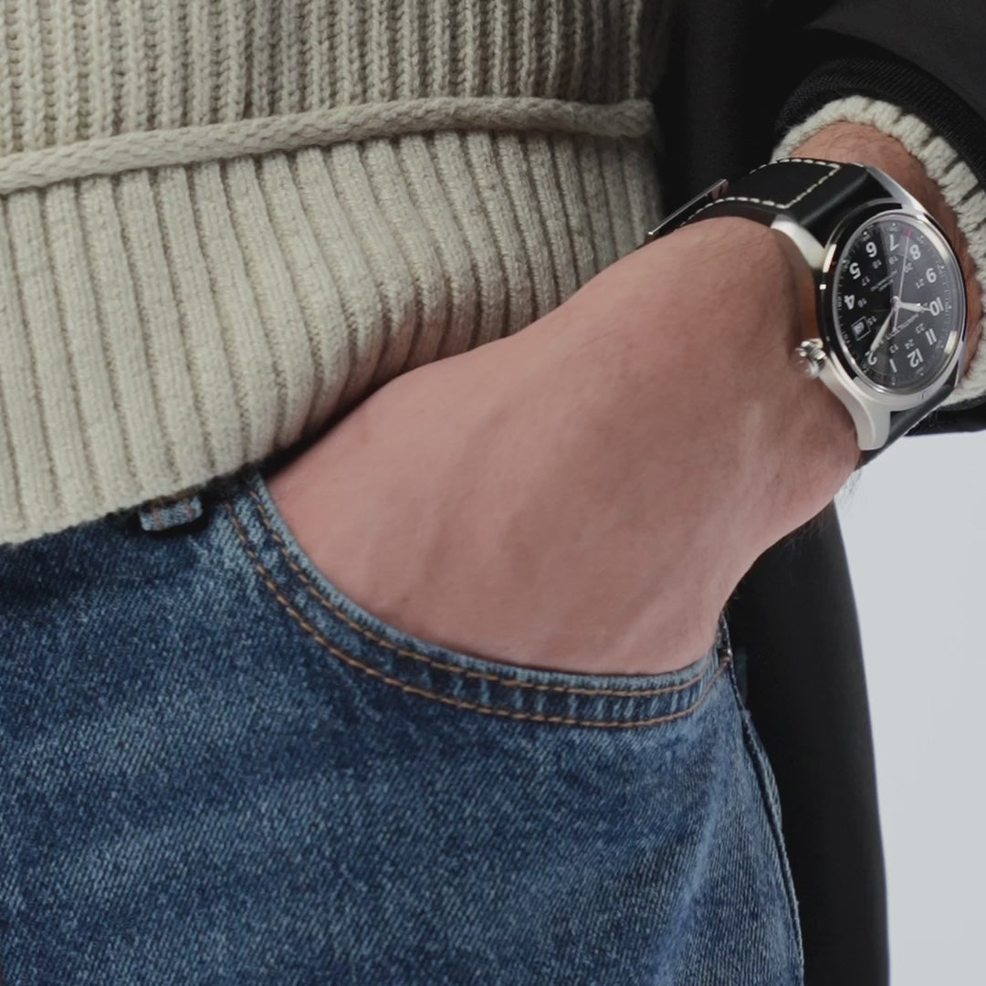 Hamilton Khaki Field H70605733 42mm Black Dial Leather watch worn on wrist 