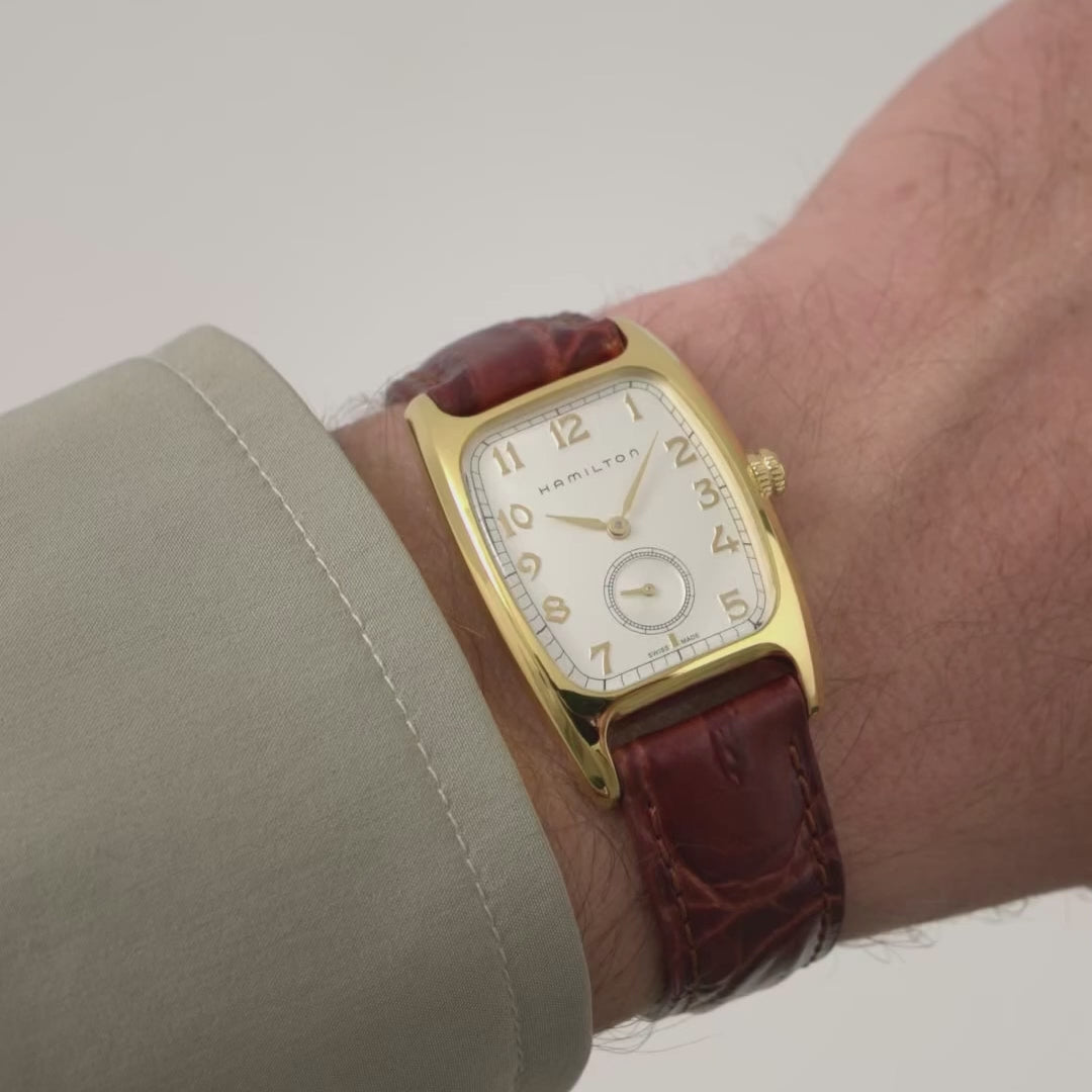 Hamilton American Classic Boulton H13431553 Indiana Jones edition watch wrist shot showing rectangular case and cream sleeve