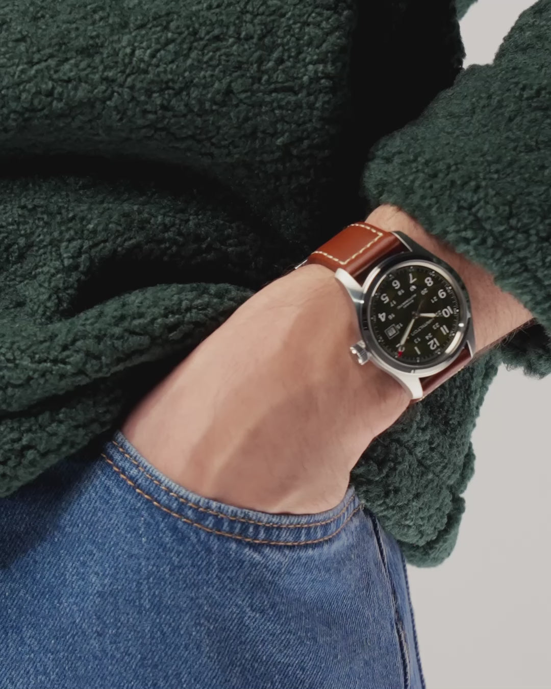 Hamilton Khaki Field Green Dial Leather watch worn on wrist H70605560