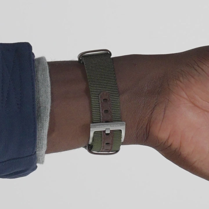 Hamilton Khaki Field H69401910 38mm dial, green NATO strap and pin buckle detail