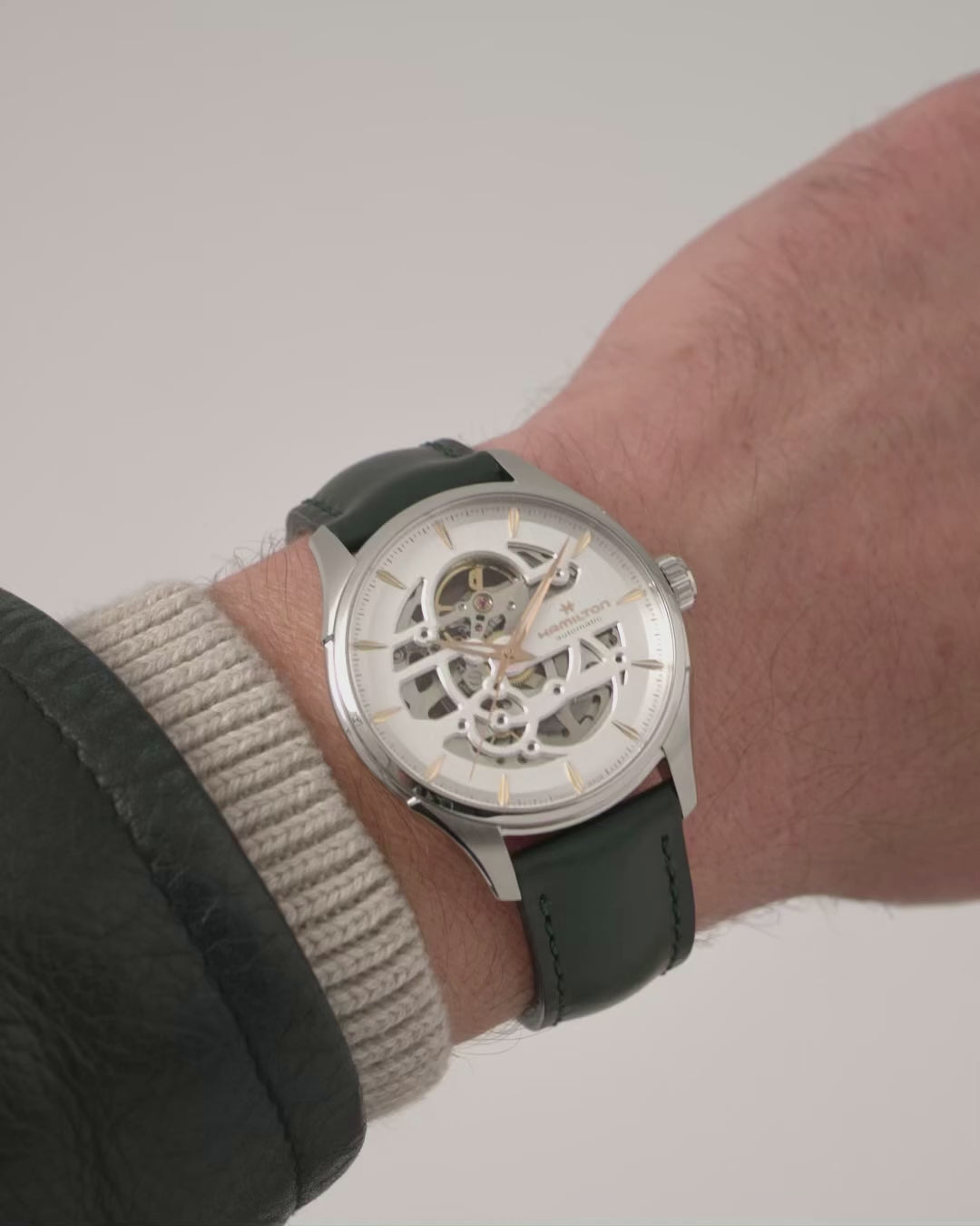 Hamilton Jazzmaster 40mm Skeleton white dial H42535810 automatic watch worn on wrist