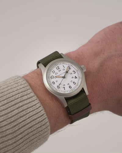 Hamilton Khaki Field 38mm White Dial NATO Mechanical watch worn on wrist H69439411