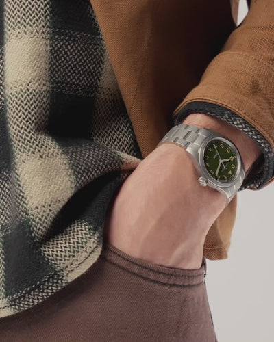 Hamilton Khaki Field 38mm green dial quartz watch on wrist H69401160