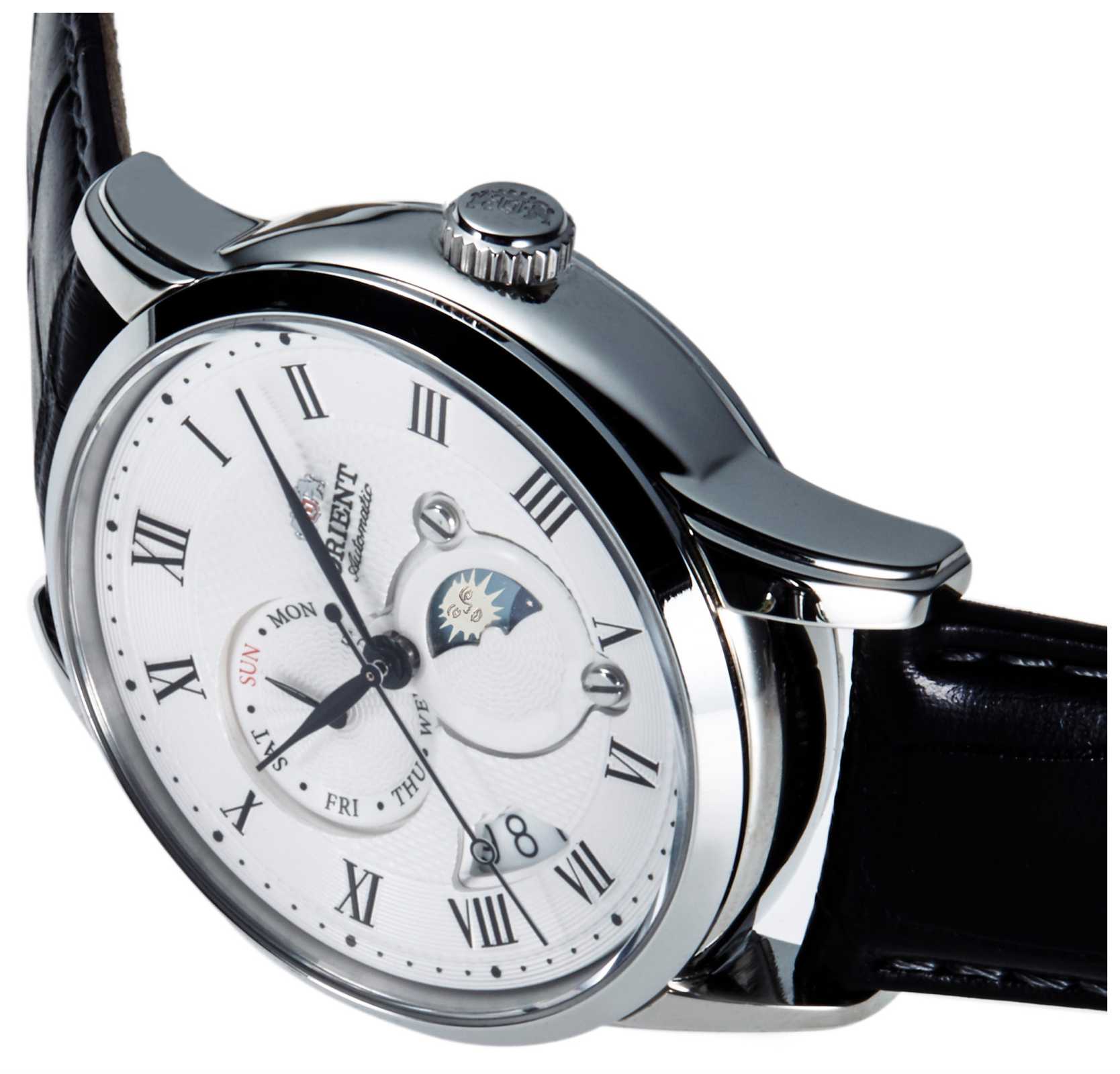 Orient Bambino 42,5 mm Sonne & Mond Weißes Zifferblatt Leder Herren Automatik Uhr RA-AK0008S10B