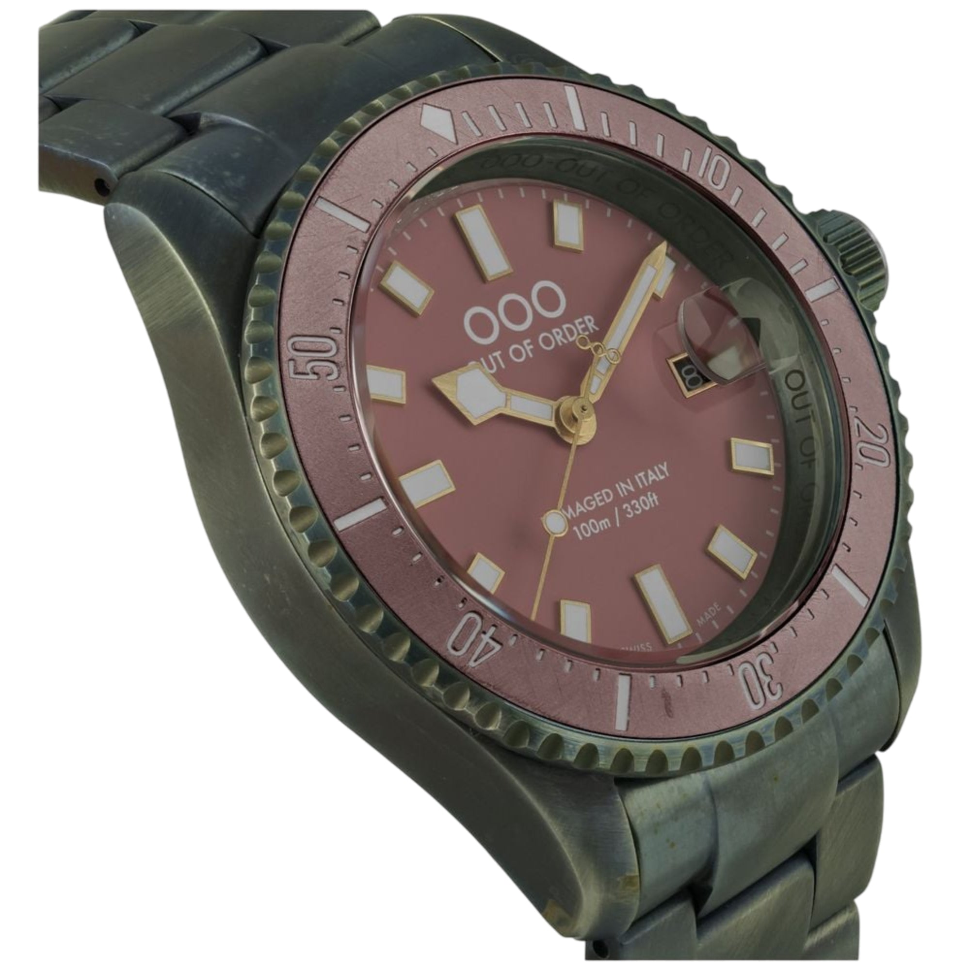 Out of Order Cipria Casanova Ultra Distressed Quartz Pink Dial Steel Strap Men's Watch OOO.001-27.CI