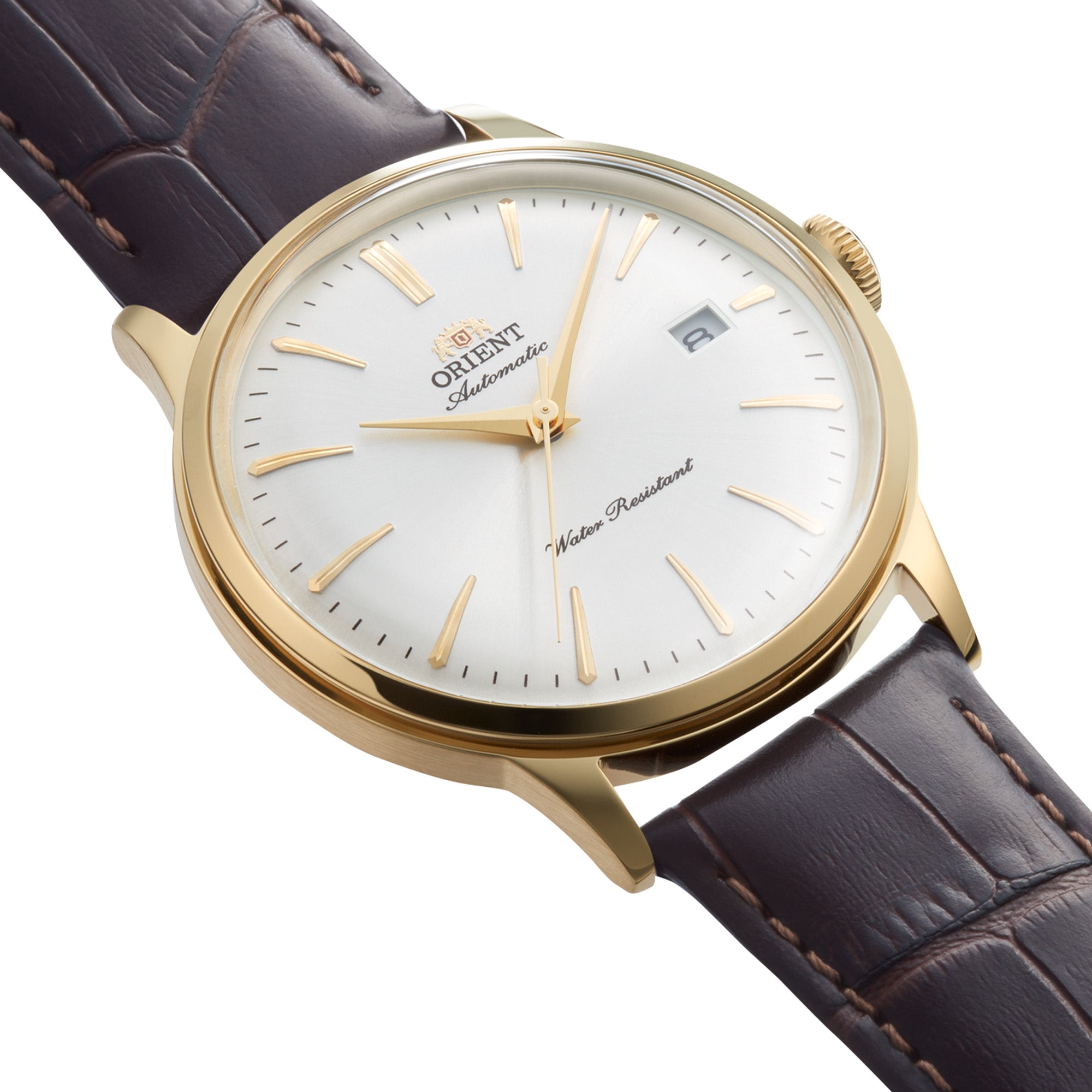 Orient RA-AC0028S30B gold accent automatic watch with white dial and brown leather strap