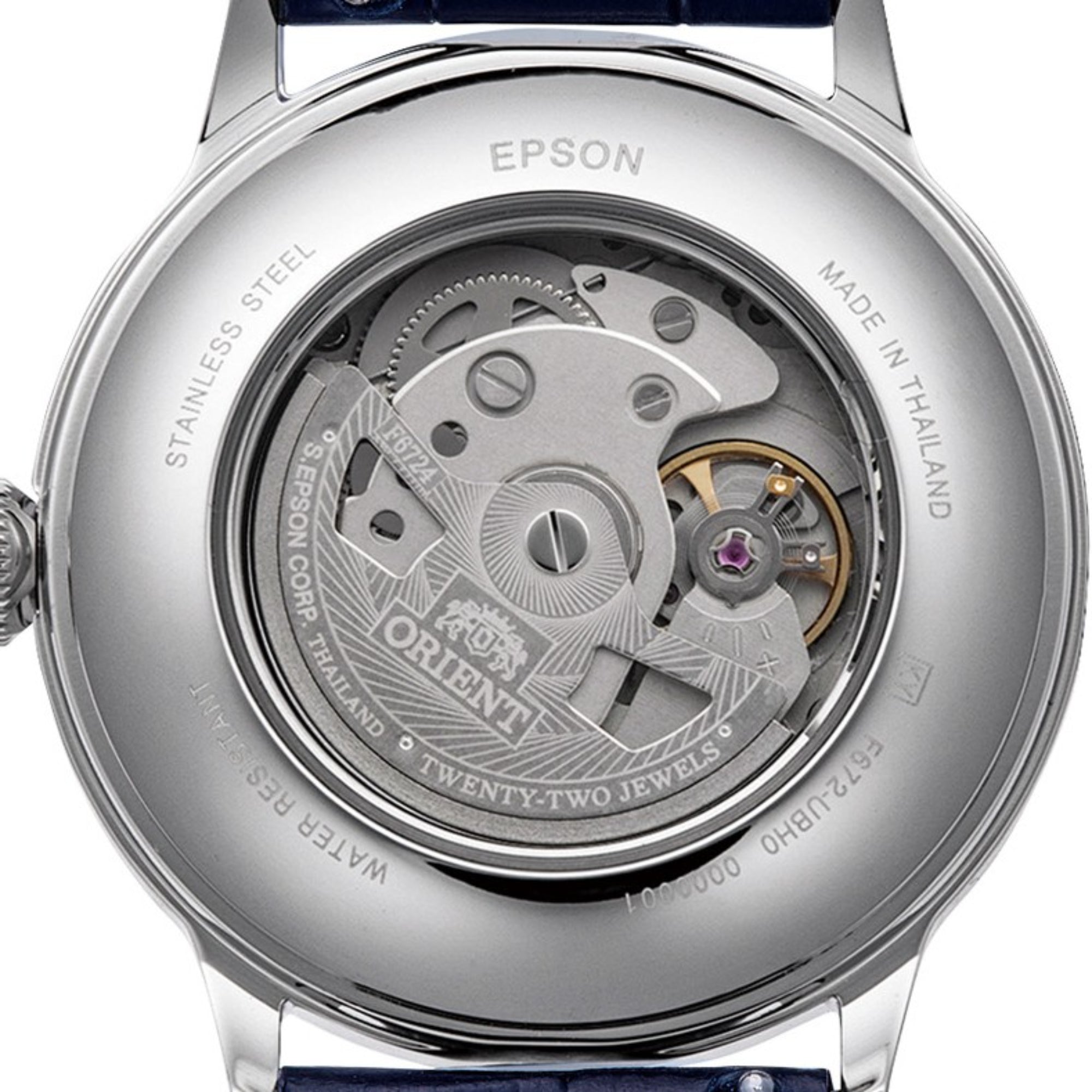Exhibition caseback view showing the automatic movement inside an Orient Bambino watch.