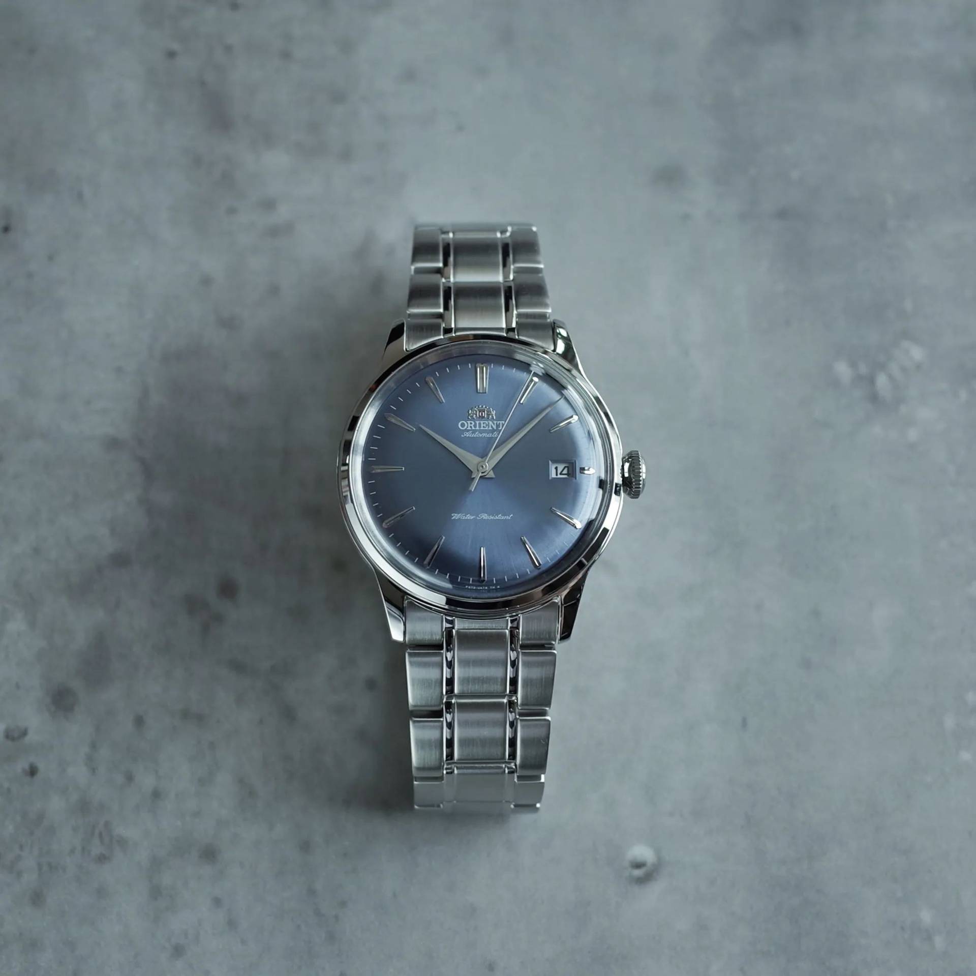 Front view of an Orient Bambino automatic watch