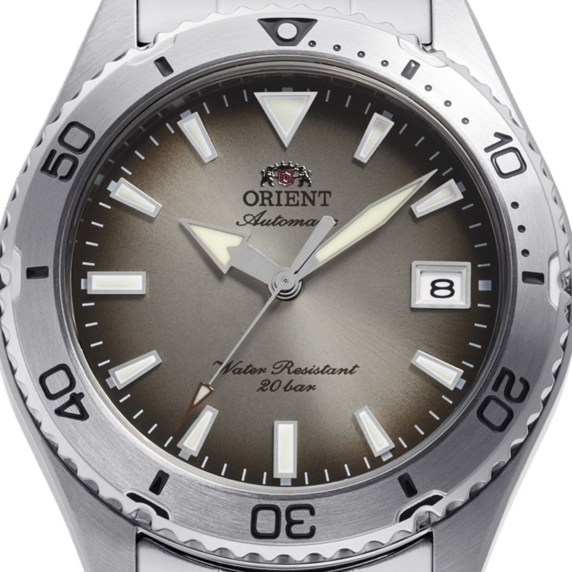 Orient Mako RA-AC0Q16N30B 40mm grey dial with date display close-up