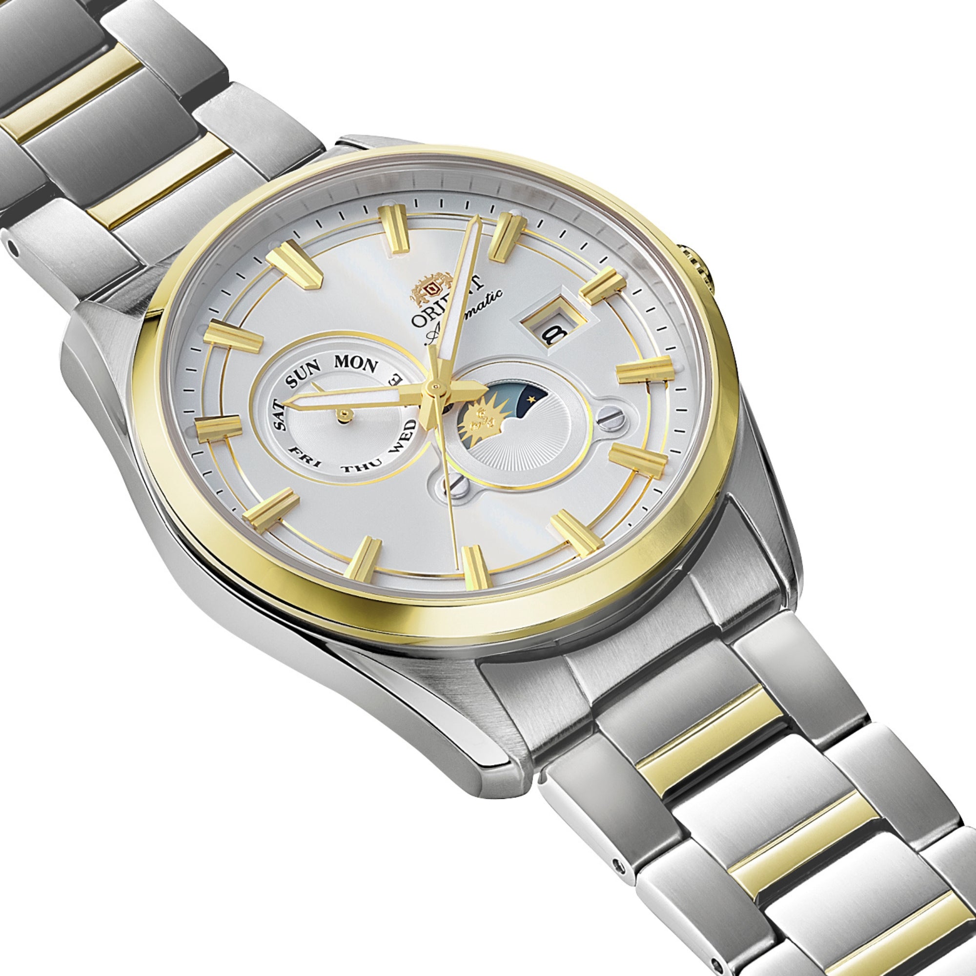 Orient Stretto RA-AK0312S30B day of week sub-dial and date window detail side view 