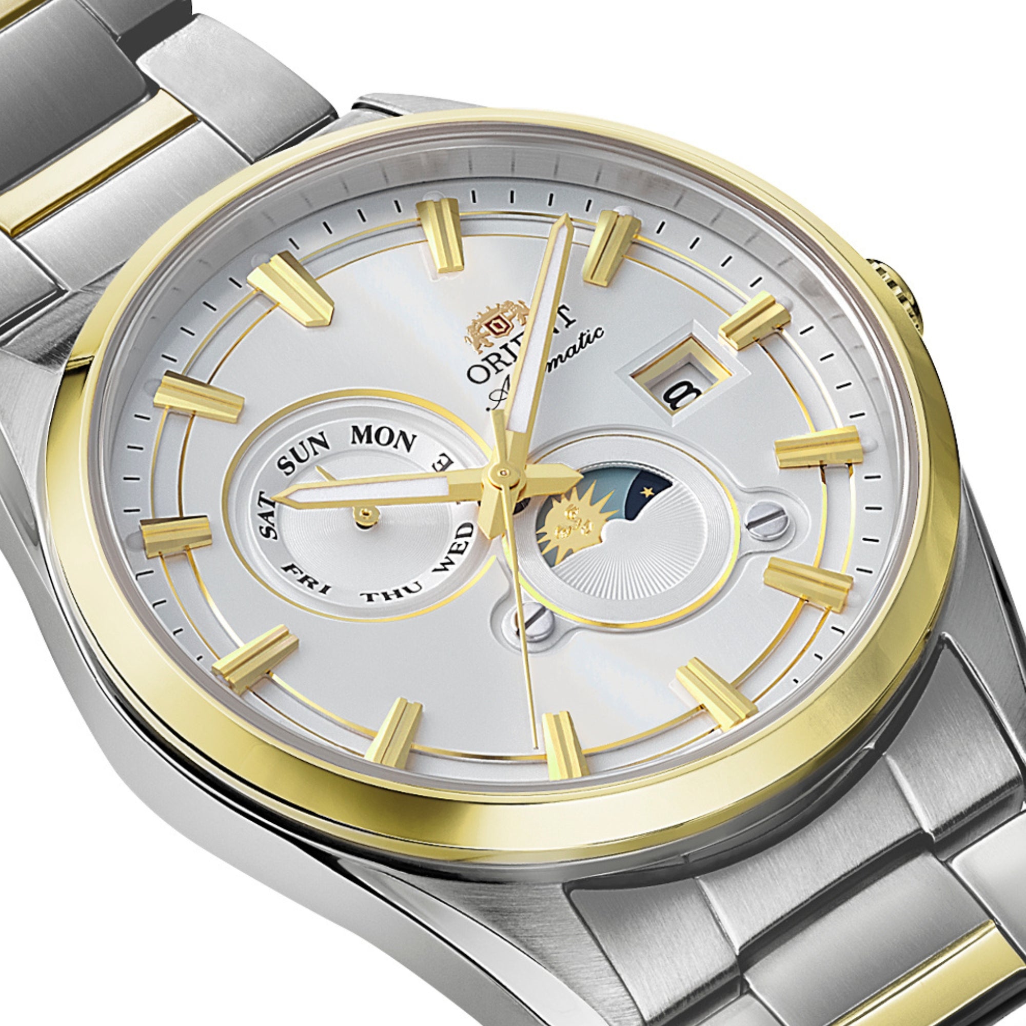 Orient Stretto RA-AK0312S30B day of week sub-dial and date window detail side view close-up