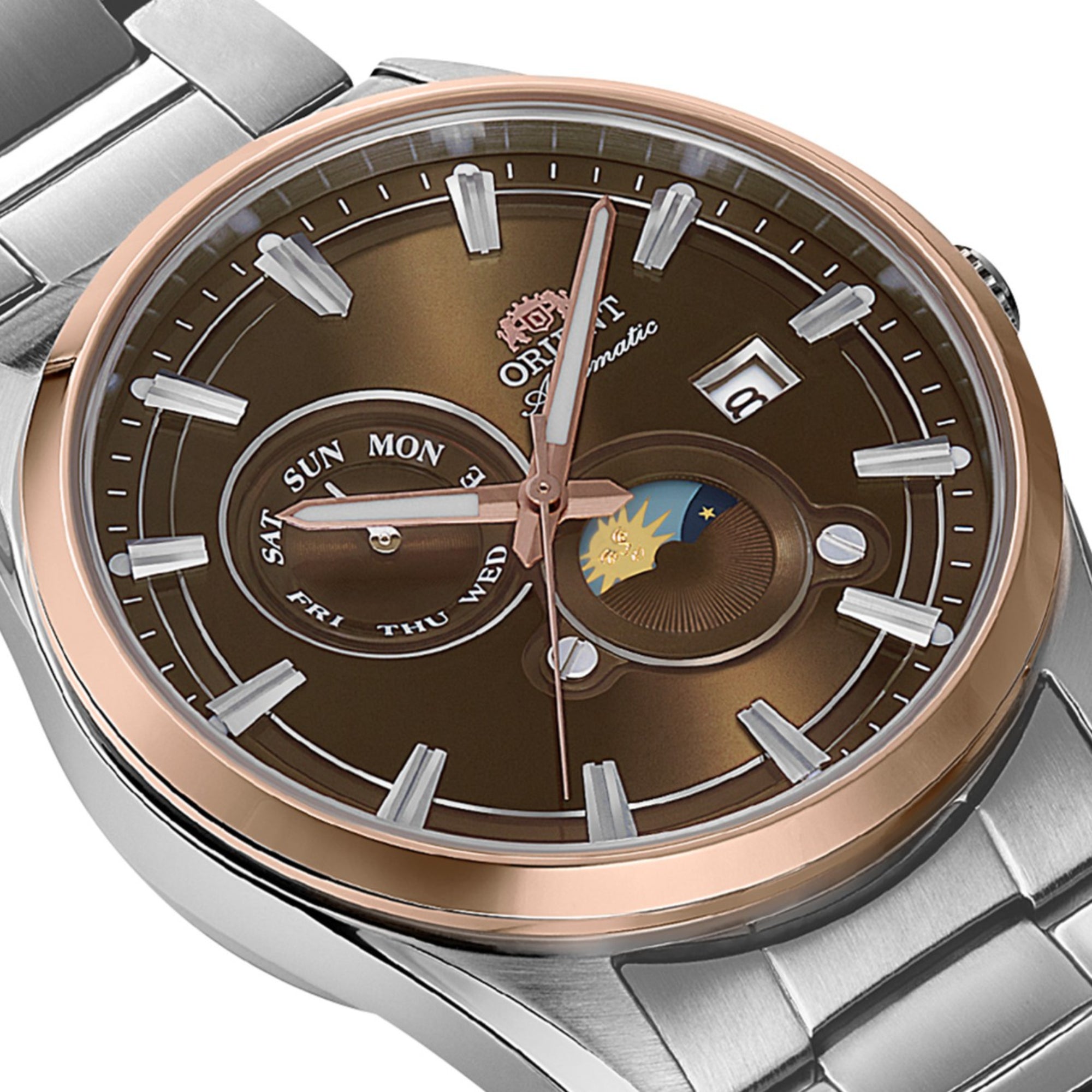 Orient Stretto RA-AK0313Y30B day of week sub-dial and date window detail