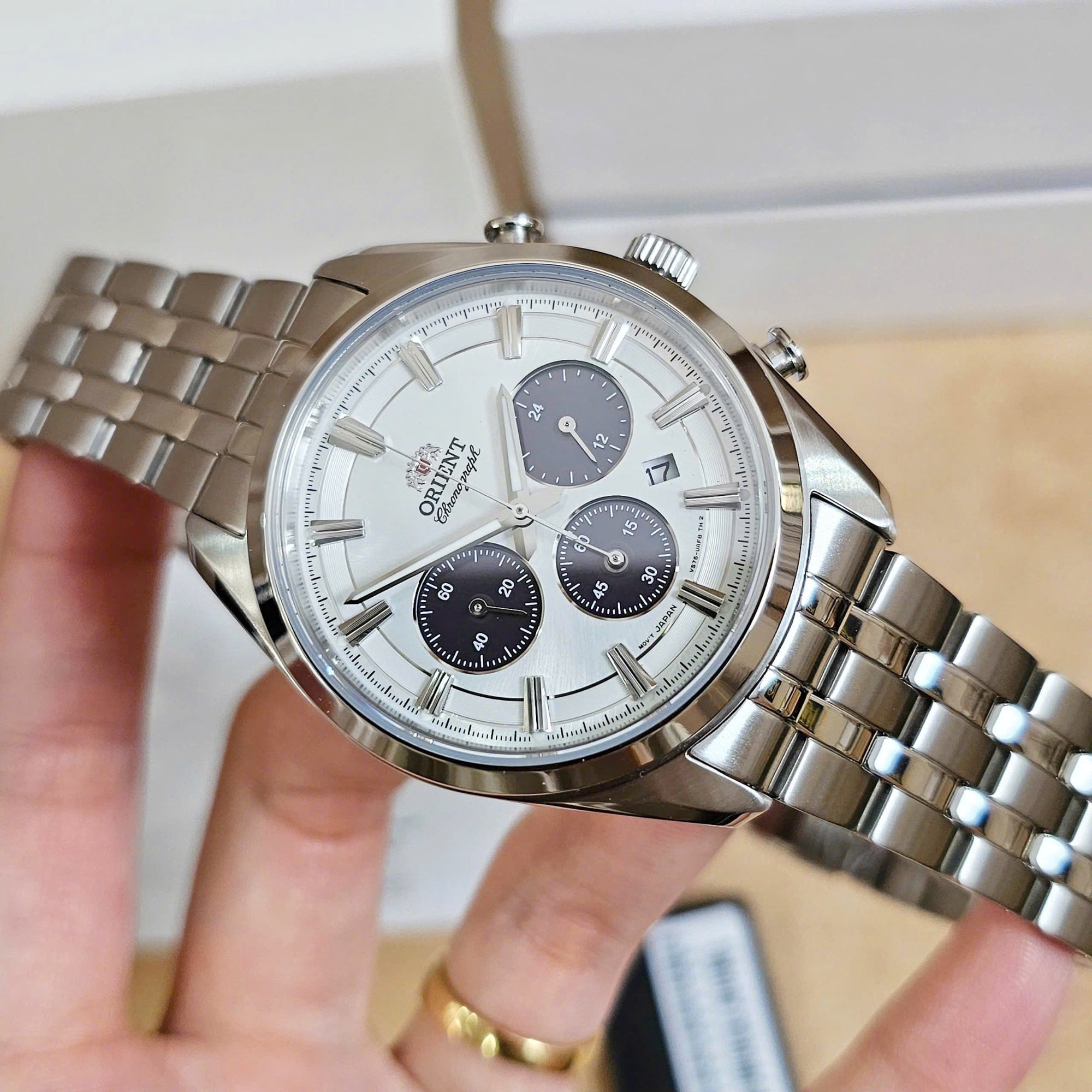 Orient Stretto 40mm Chronograph White Dial Steel Mens Solar Watch RA-TX0305S10B