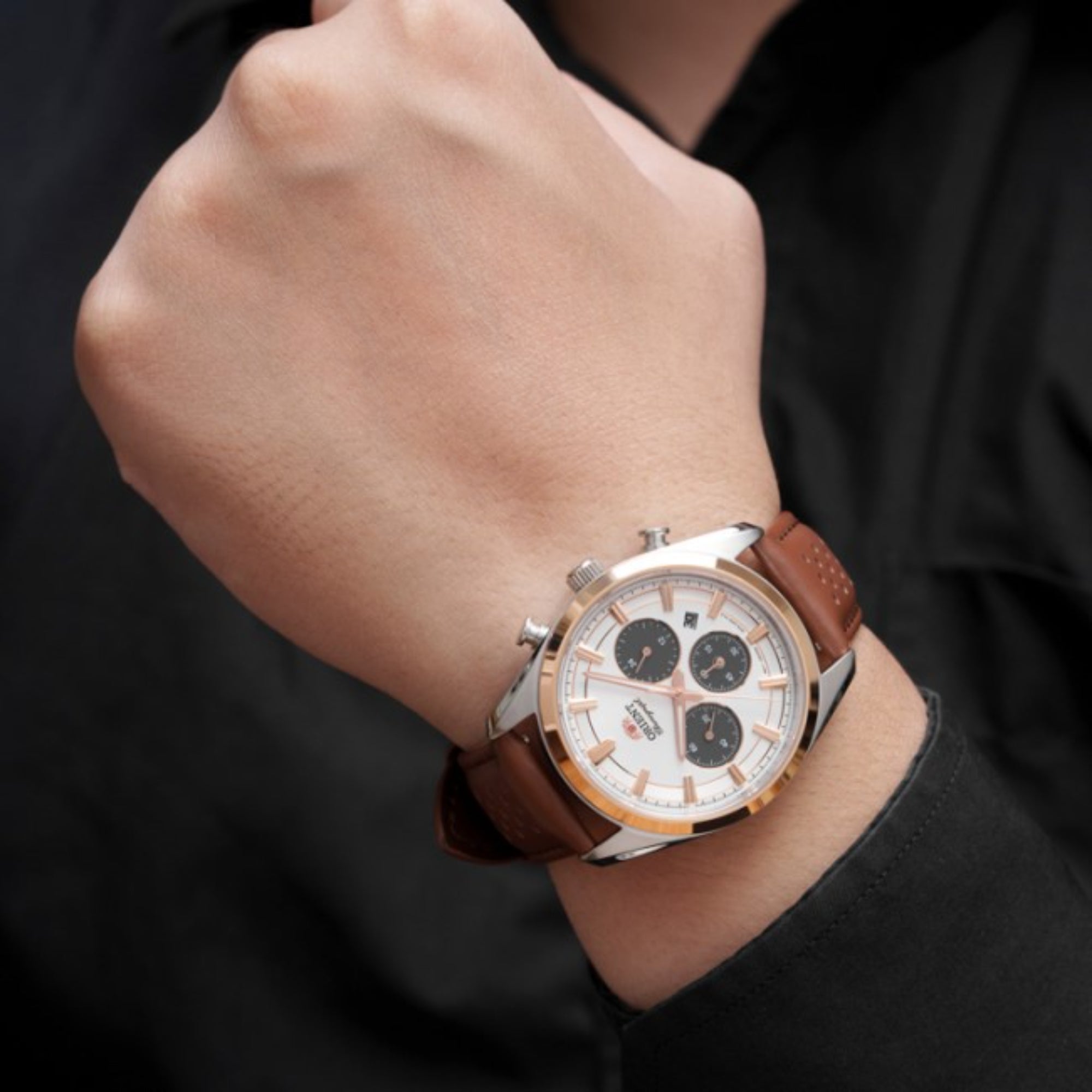 Orient Stretto 40mm Chronograph White Dial Leather Mens Solar Watch RA-TX0306S10B
