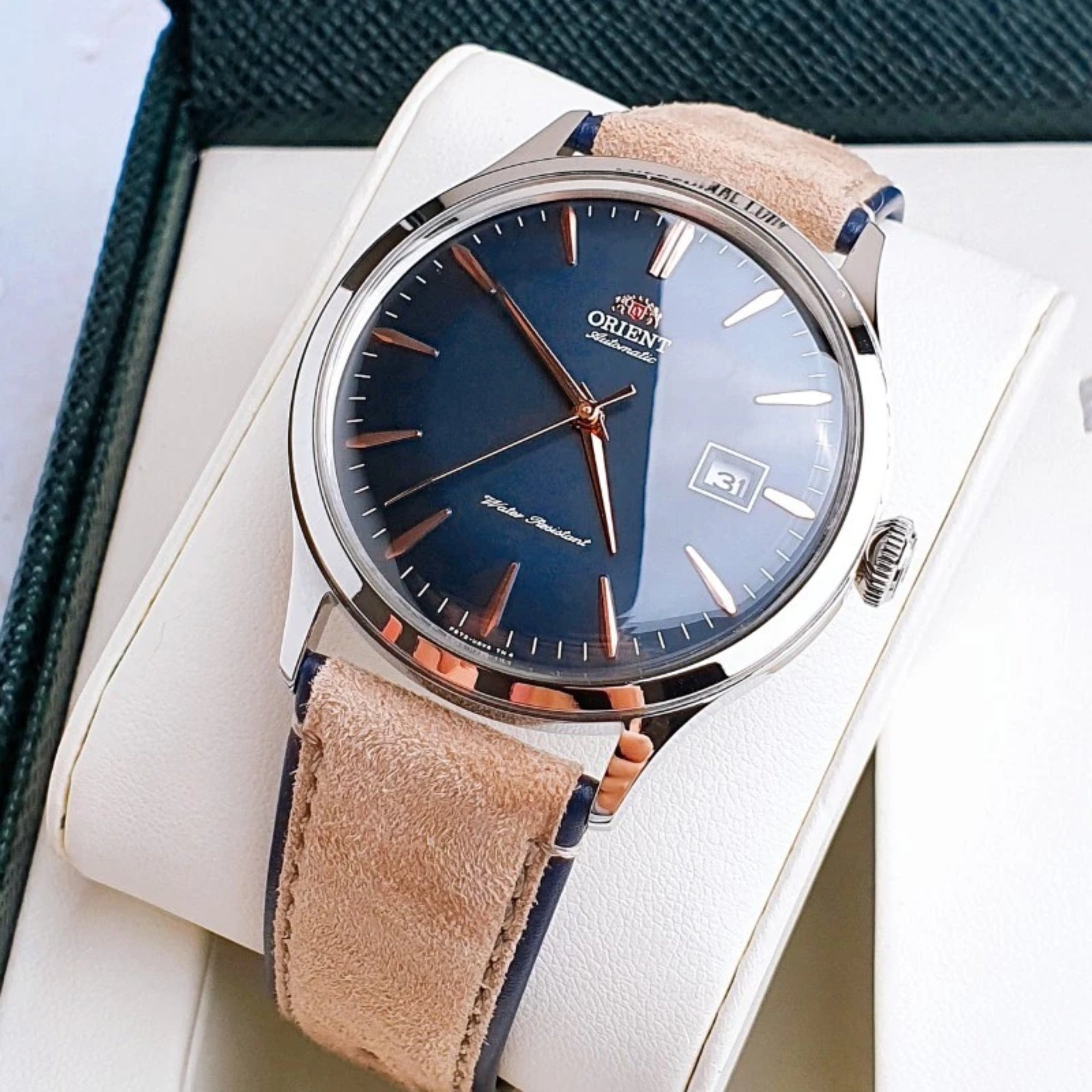 Orient Bambino RA-AC0P02L30B domed crystal and case with box.