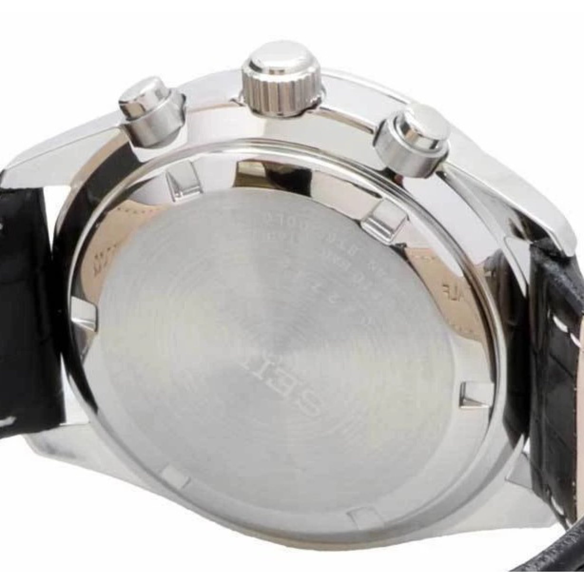 Seiko Essentials SSB383P1 stainless steel case back close-up on white background