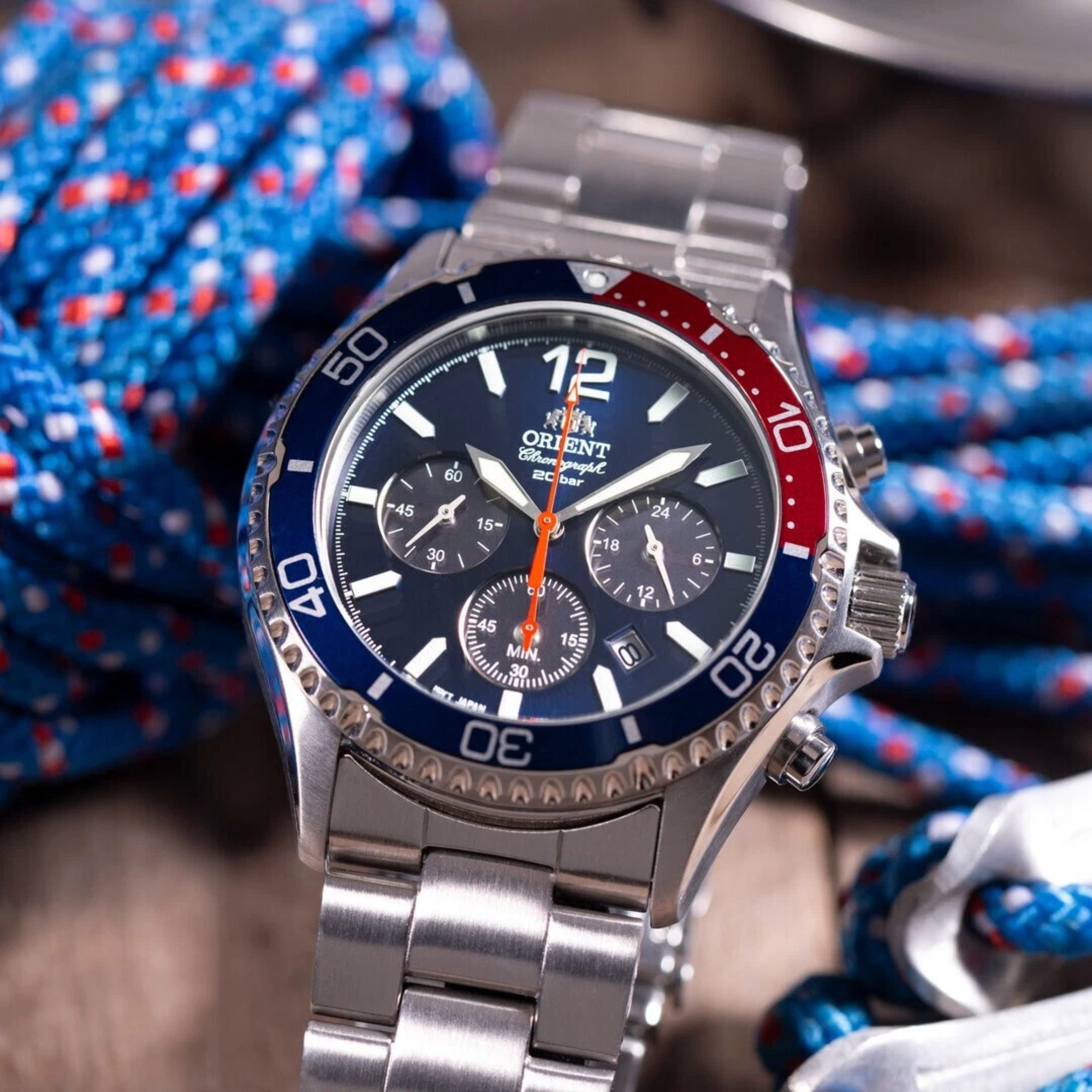 Orient Mako RA-TX0201L10B blue dial with three sub-dials close-up