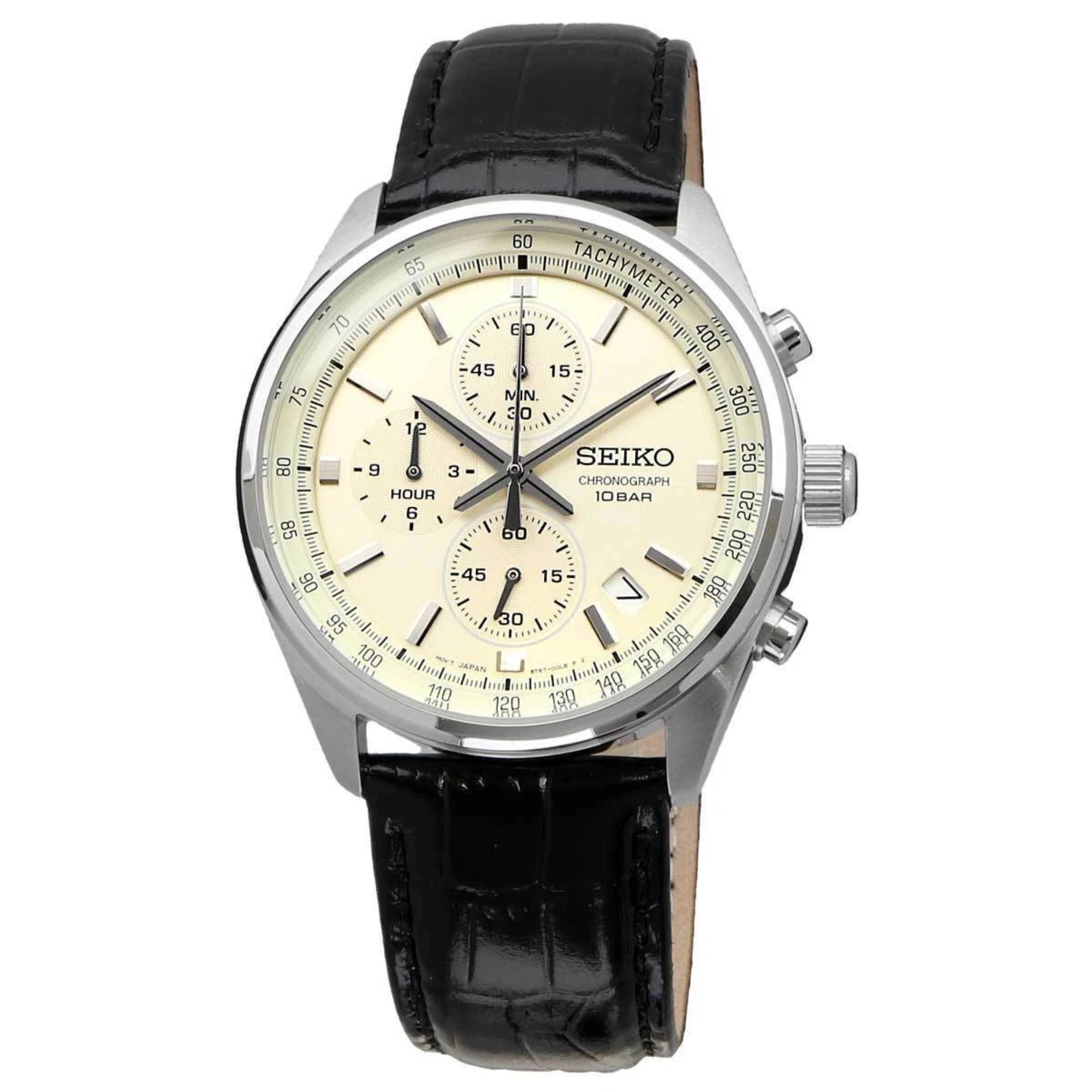 Seiko Essentials SSB383P1 41.5mm cream dial and black leather strap front profile