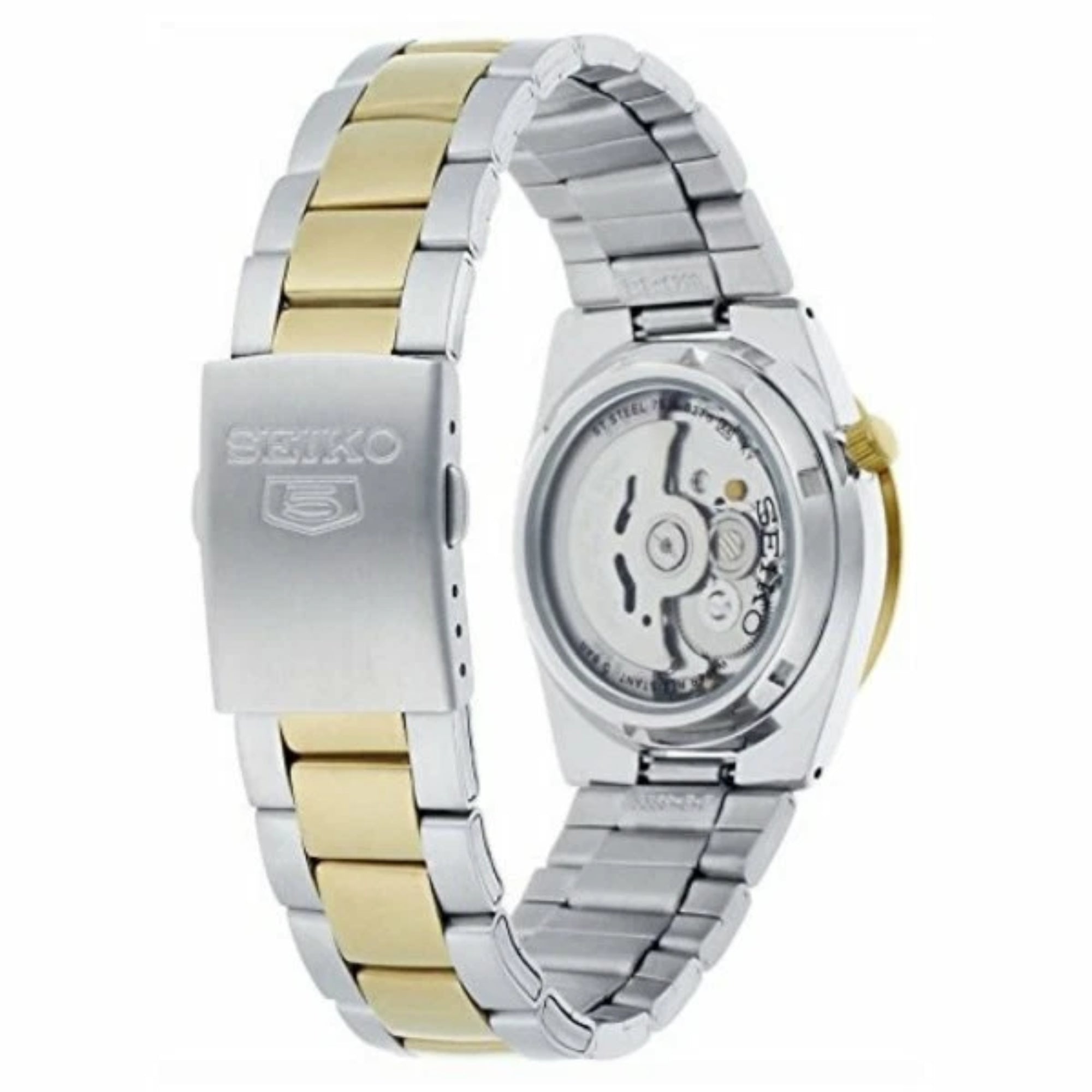 Seiko 5 Automatik Weißes Zifferblatt Zweifarbig Gold/Silber Edelstahl Herrenarmbanduhr SNKE04K1