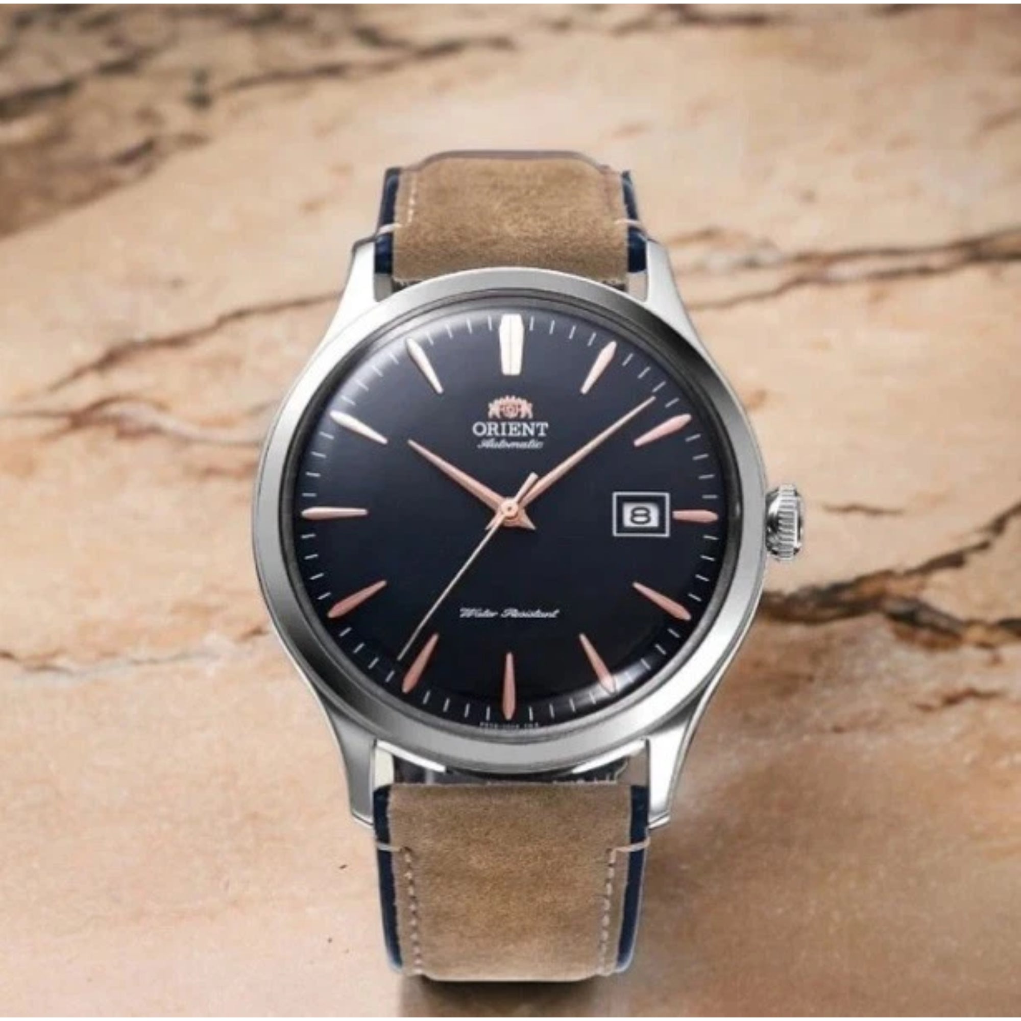 Orient Bambino RA-AC0P02L30B silver case navy dial automatic dress watch