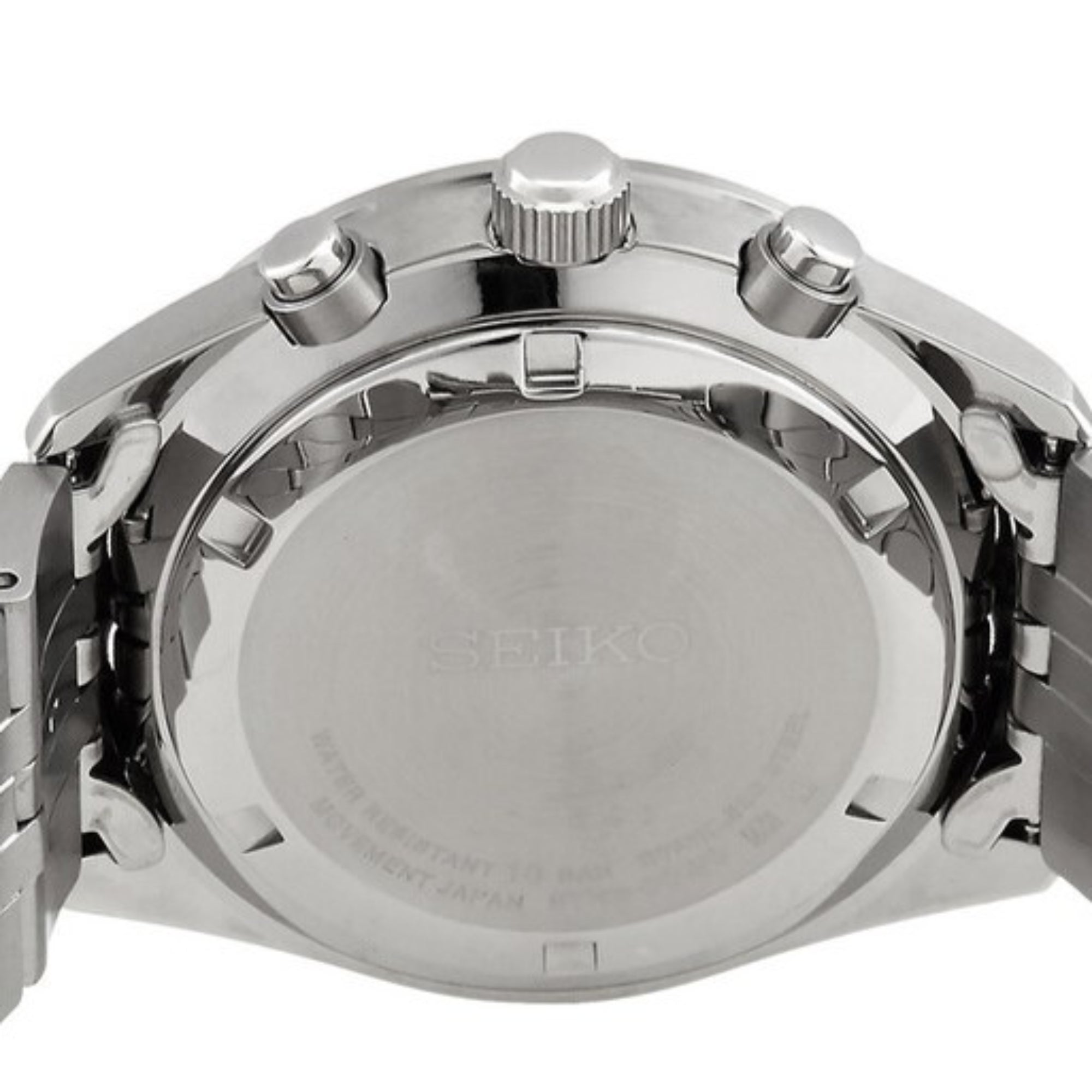 Close-up of Seiko SSB425P1 case back with engraved details and stainless steel bracelet