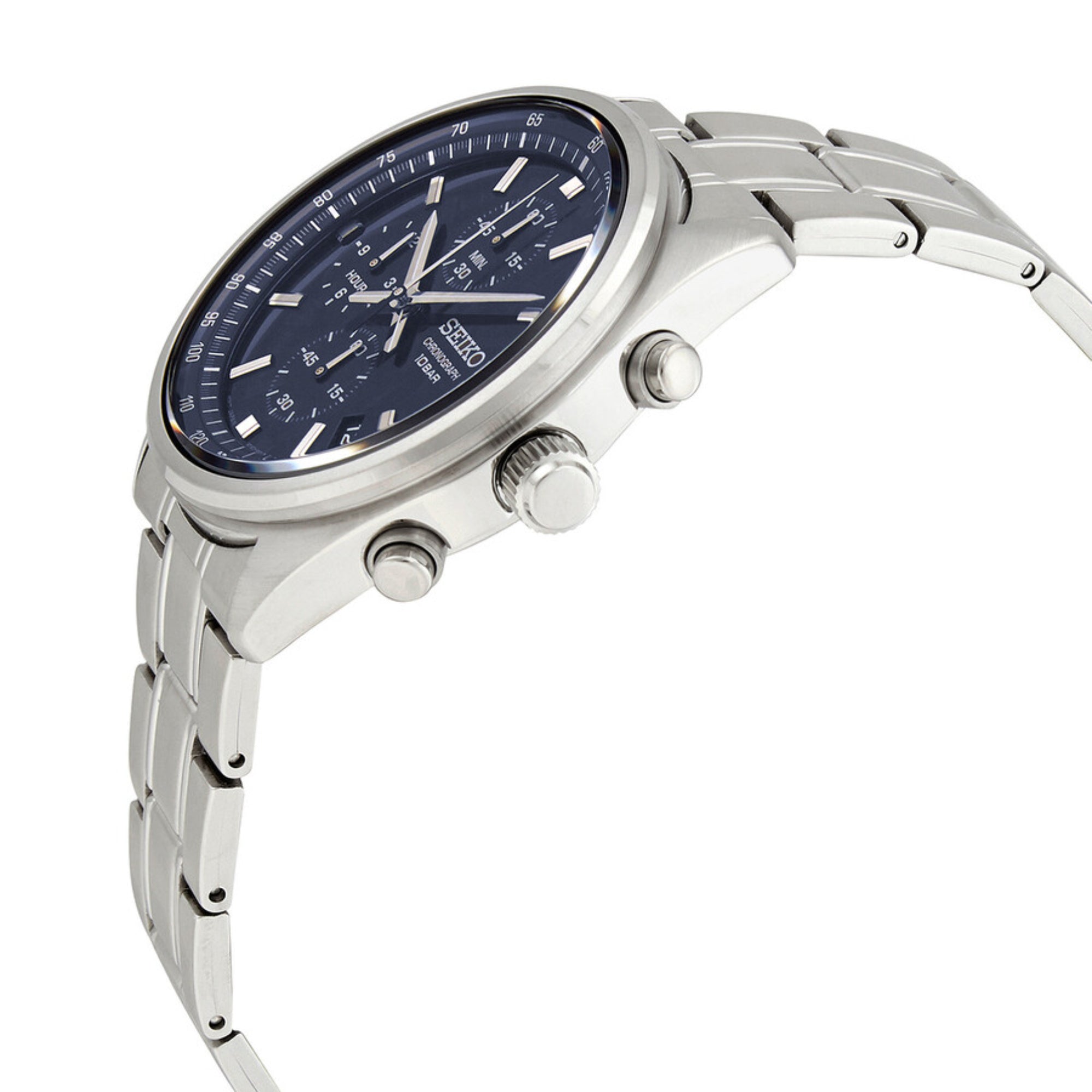 Side view of Seiko SSB377P1 blue dial chronograph watch showing stainless steel bracelet and case thickness