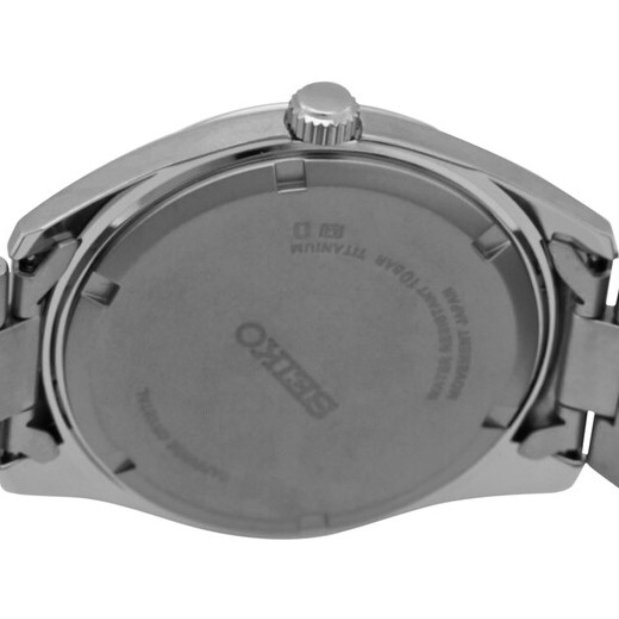 Back view of a Seiko Essentials with brand name on a white background