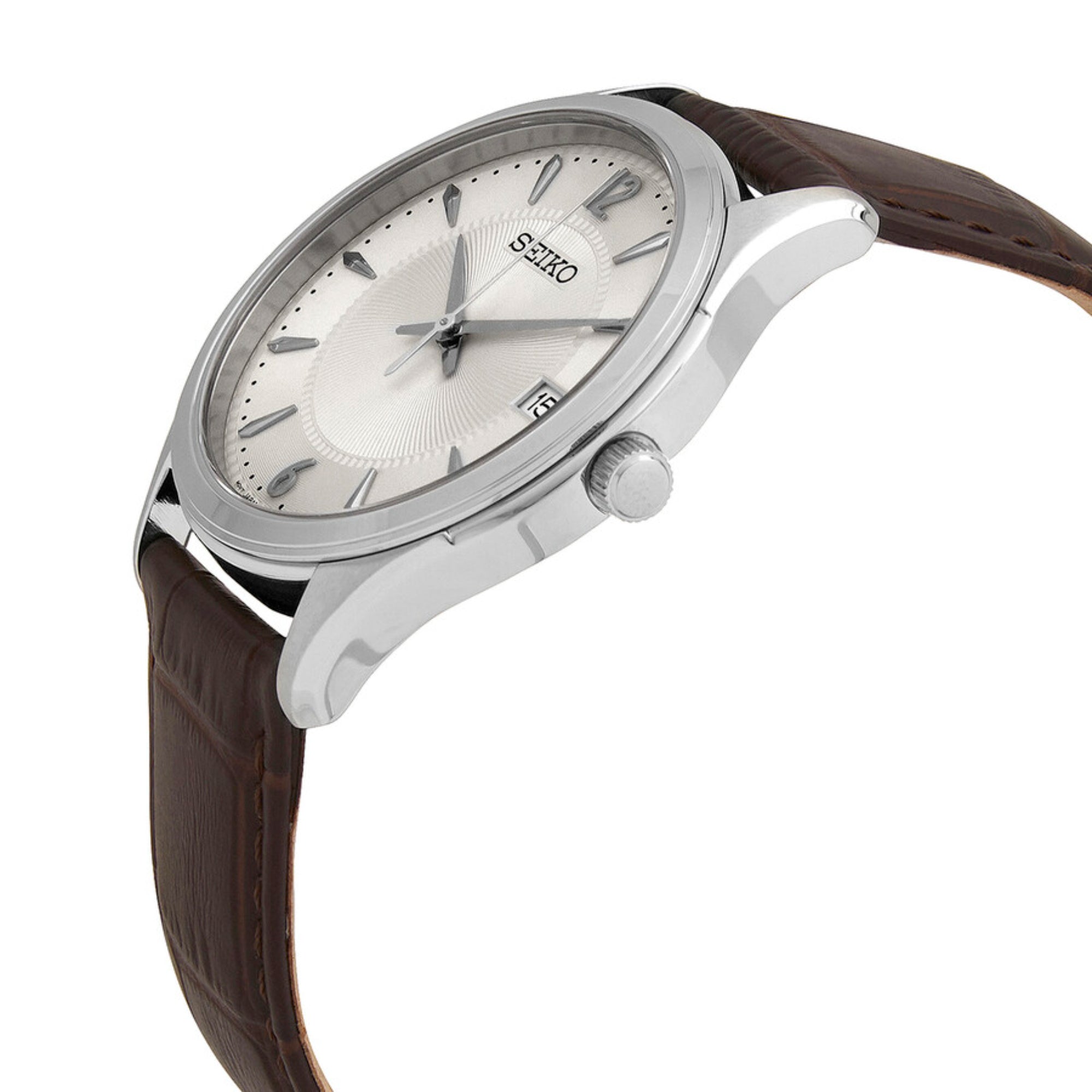 Seiko Essentials 39mm Ivory Dial Leather Mens Quartz Watch SUR421P1