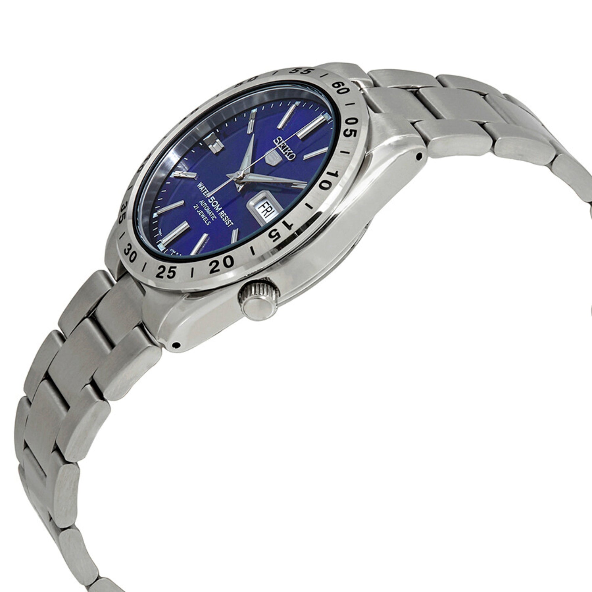 Side profile of Seiko SNKD99K1 stainless steel automatic watch showing case thickness, crown and bracelet