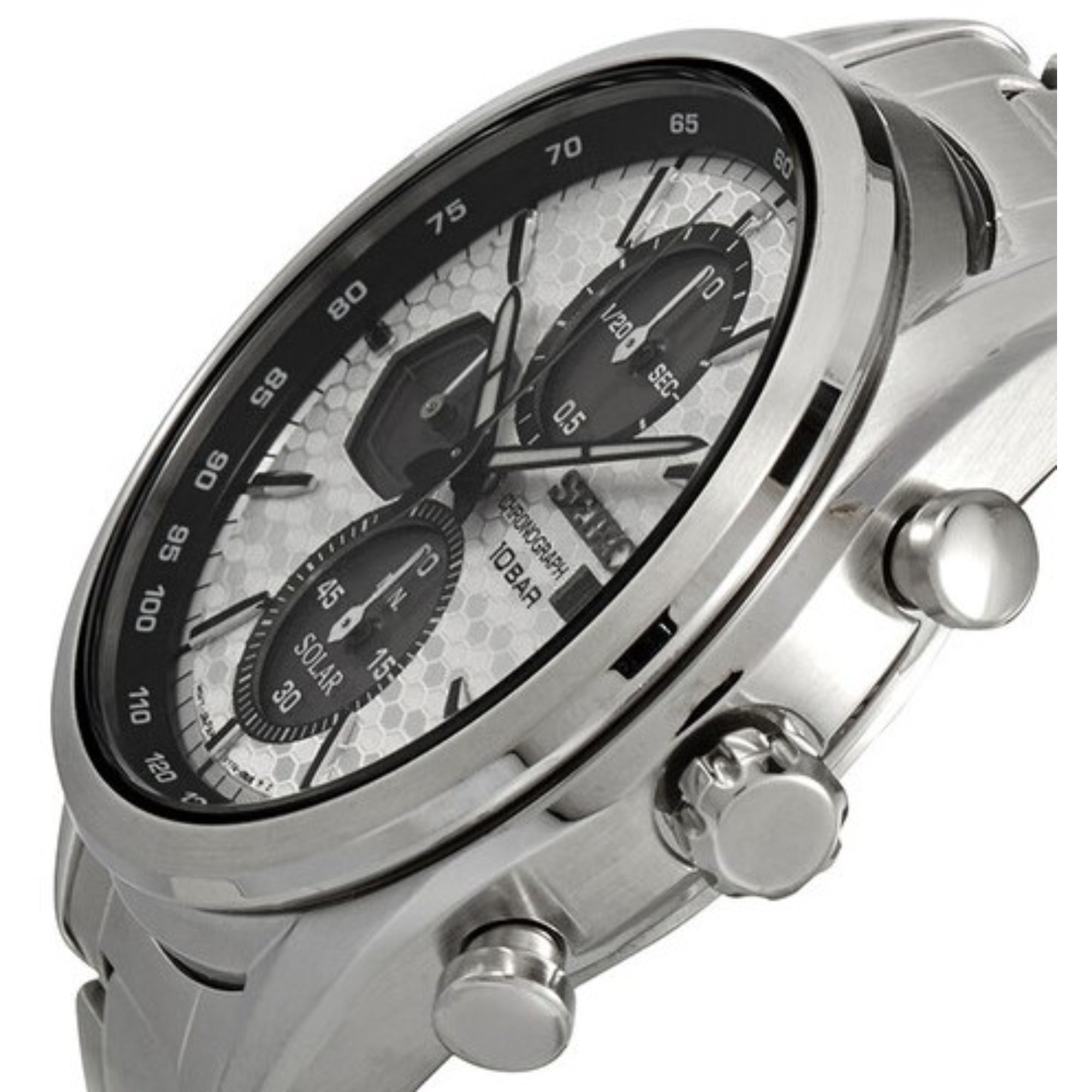 Seiko Essentials SSC769P1 high-angle view showing case thickness, crown, and pushers