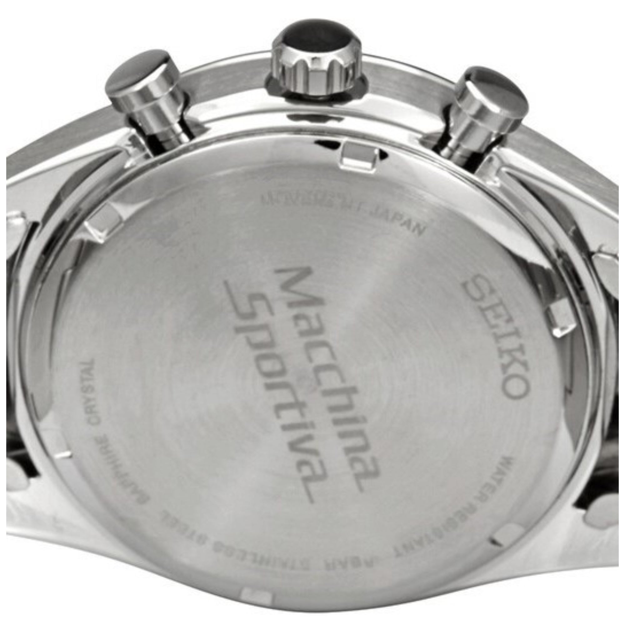 Seiko Essentials SSC769P1 Macchina Sportiva stainless steel case back showing brand engraving, sapphire crystal text, and chronograph pushers detail