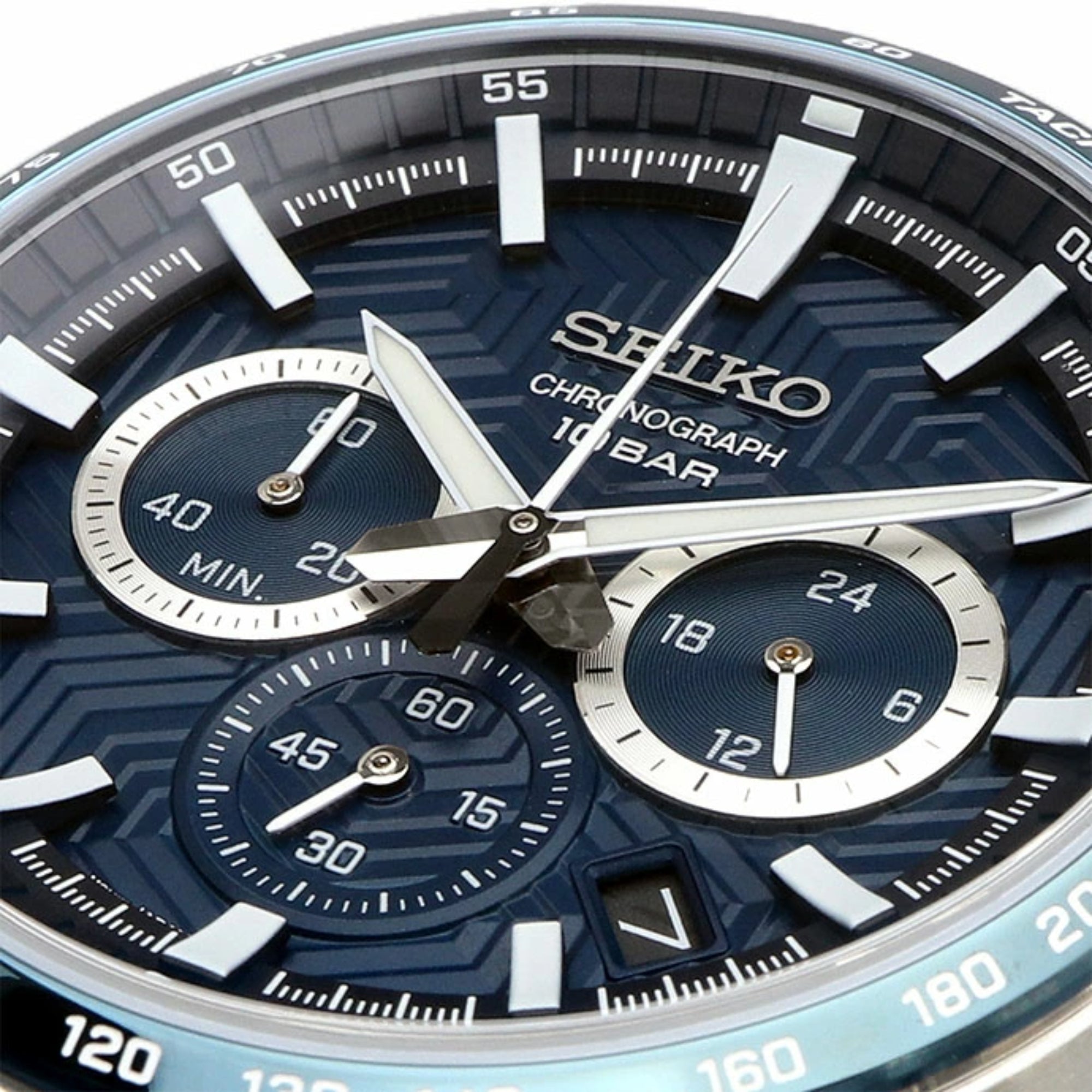 Top side view of Seiko SSB445P1 chronograph showing crown on white background
