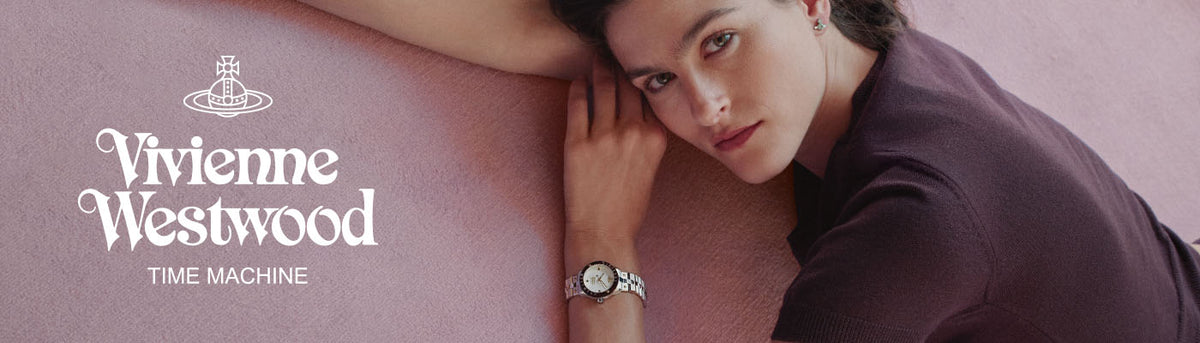 Vivienne Westwood Time Machine promotional banner featuring model wearing a timepiece