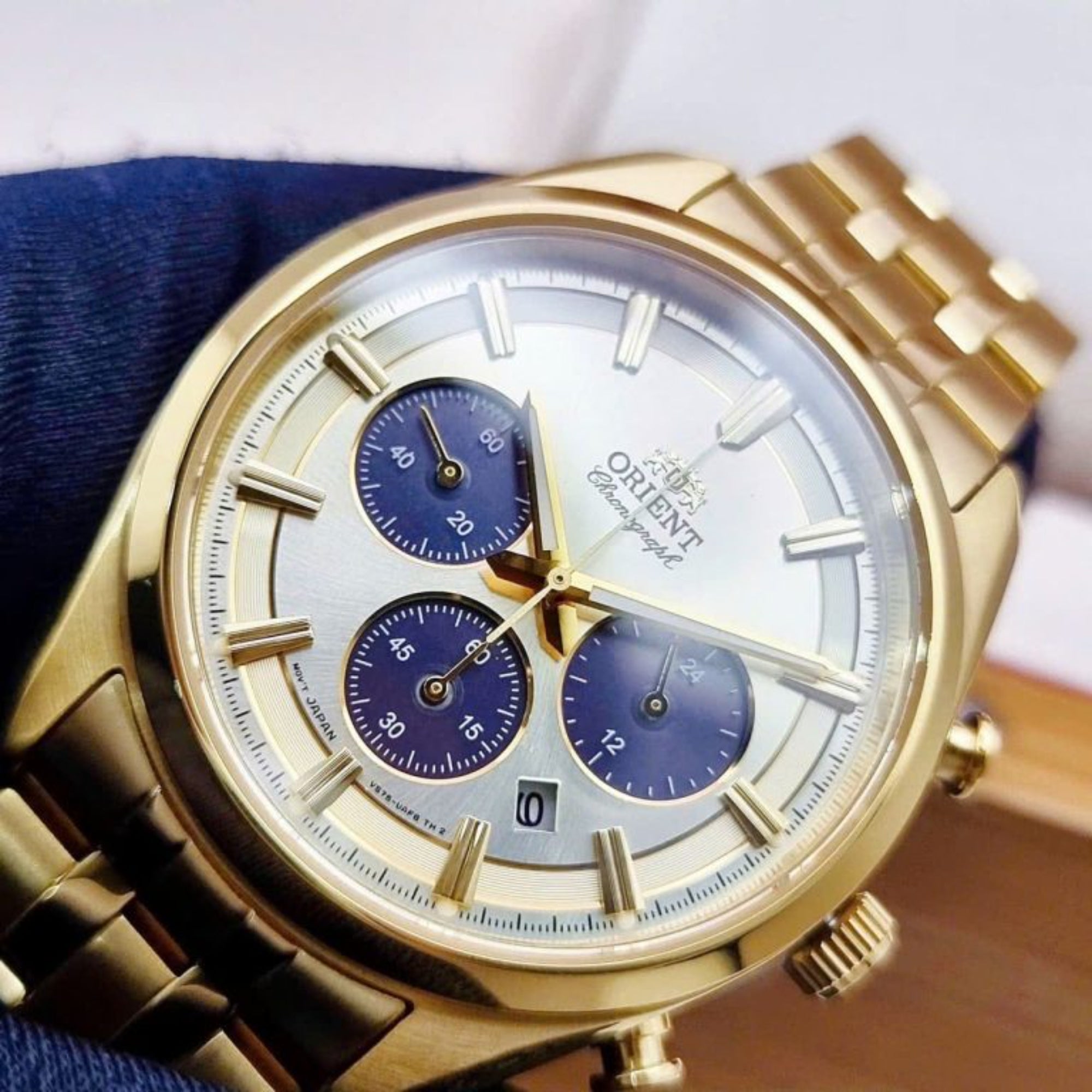 Orient Stretto 40mm Chronograph Champagne Dial Steel Mens Solar Watch RA-TX0301G10B