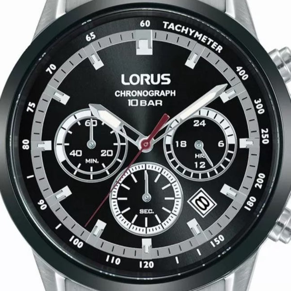Lorus Sports Chronograph Quartz Black Dial Steel Strap Men's Watch RT397JX9