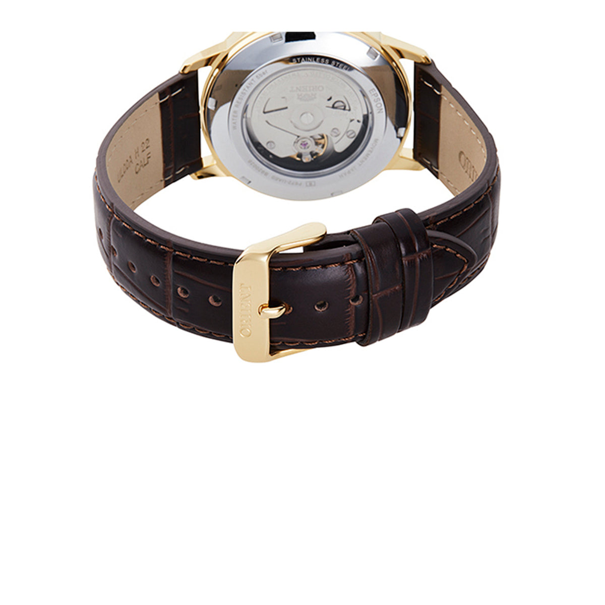 Exhibition caseback and brown leather strap of an Orient Symphony automatic watch